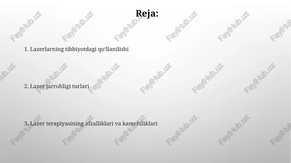 ikni ta’minlaydi. lazer nurining intensivligi va to'lqin uzunligini tanlash imkoniyati turli xil to'qimalarni (masalan, yumshoq to'qimalarni, suyaklarni) aniq kesish va koagulyatsiya qilish imkonini beradi, bu esa jarrohlik amaliyotining samaradorligini oshiradi. onkologiyada lazer terapiyasi lazerli angioplastikada, yuqori quvvatli lazer nurlanishi yordamida toraygan qon tomirlarini kengaytirish orqali, o'smaning qon ta'minotini to'xtatib, uning rivojlanishini sekinlashtirish mumkin. onkologiyada lazer ablasyon jarrohligi 5-10 mm gacha bo'lgan o'smalarni yuqori aniqlikda yo'q qilish imkonini beradi, bu esa sog'lom to'qimalarga minimal shikast yetkazishni ta'minlaydi. ginekologiyada lazerning qo'llanilishi ginekologiyada lazerli konizatsiya jarrohlik aralashuvi serviksning 5-10 mm gacha bo'lgan shikastlangan qismini aniq olib tashlash imkonini beradi va jarrohlikdan keyingi asoratlarni kamaytiradi. endometriozni davolashda lazer terapiyasi minimal invaziv usul sifatida 70-80% samaradorlik bilan og'riqni kamaytiradi va homilador bo'lish imkoniyatini oshiradi. lazer jarrohligi: asosiy tamoyillar nd:yag lazerlari 1064 nm to'lqin uzunligiga ega va chuqurroq to'qima penetratsiyasiga ega, shuning uchun ular gemostazni ta'minlash va katta qon tomirlarini yopishda ishlatiladi. co2 lazerlari 10,6 mkm …