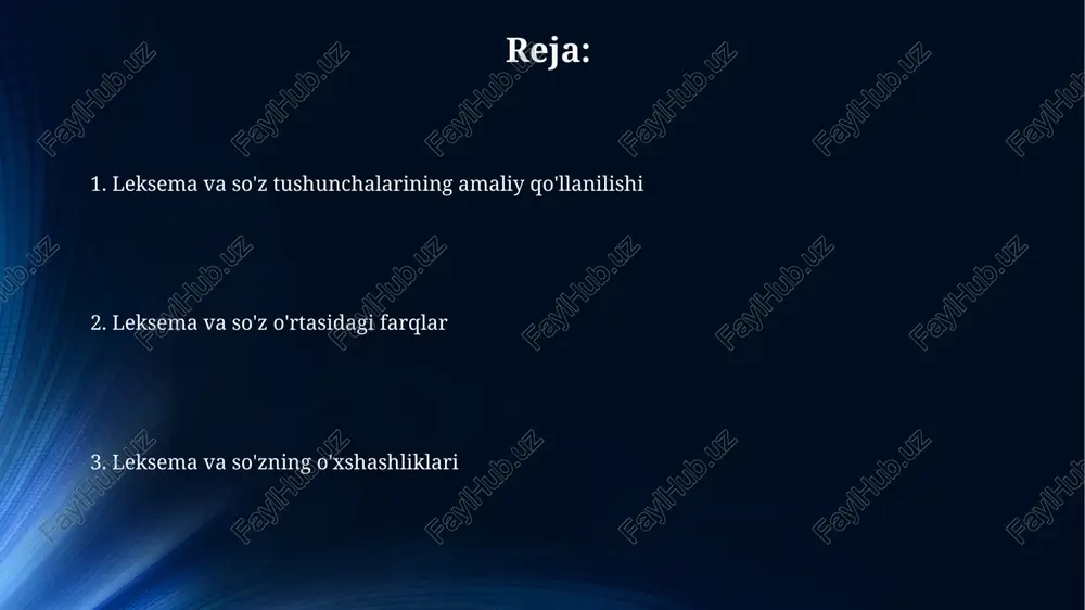 kl, jumladan, zamon, mayl, son kabi grammatik kategoriyalar kiradi. ba'zi leksimalar, masalan, "o'tir" fe'li, ko'plab so'z shakllariga ega bo'lib, ularning har biri ma'lum bir grammatik xususiyatlarga ega, lekin leksik ma'nosi o'zgarmaydi, bu 20 dan ortiq turli gap kontekstlarida qo'llanishi mumkin. leksema va so'z o'rtasidagi farqlar leksemaning ma'nosi doimiy va o'zgarmas bo'ladi. so'zning ma'nosi esa kontekstga va qo'shimchalarning qo'llanishiga qarab biroz o'zgarib turishi mumkin. masalan, "o'qimoq" leksimasi bilan hosil qilingan so'zlarning ma'nosi grammatik qo'shimchalar bilan aniqlanadi. bir leksima 10 dan ortiq turli so'z shakllariga ega bo'lishi mumkin. masalan, "bor-" leksimasi "boraman", "bordi", "borgan" va boshqa ko'plab so'zlarni hosil qiladi. so'z esa leksimaning bitta konkret grammatik ifodasi. leksema – bu tilning lug'aviy birligidir, masalan, "yugur-" (yugurmoq, yugurdi, yuguradi kabi shakllarga ega) va bitta leksik ma'noni ifodalaydi. so'z esa leksimaning grammatik jihatdan o'zgargan shakli hisoblanadi, masalan, "yugurdi" so'zi "yugur-" leksimasining o'tgan zamon shakli. so'zning ma'noviy jihatlari va leksik birliklar so'zning ma'nosi kontekstga bog'liq …
