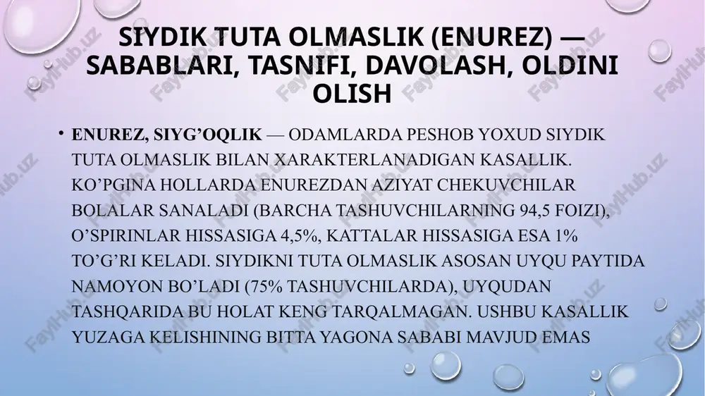 qotchilar enurez paydo bo’lishida siydik pufagiga ta’sir qiluvchi biologik faol moddalar (serotonin, gistamin, prostoglyutsin va eng muhimi — vazopressin) sekretsiyasining disfunktsiyasi muhim omil ekanligini aytishadi. ayollarda enurez chanoq tubi mushaklarining zaiflashuvi oqibatida yuzaga kelishi mumkin, bunga quyidagi omillar sabab bo’ladi: oraliq muddati qisqa bo’lgan tug’ruqlar; tez-tez og’irliklar ko’tarish; mushaklarning haddan ziyod zo’riqishi; kichik chanoq a’zolarida operatsiyalar o’tkazilganligi. tibbiy tasnif mkb-10`da noorganik tabiatli enurez f98.0 kodi bilan belgilanadi. klassifikator funktsional enurez, psixogen enurez, noorganik tabiatli peshob tuta olmaslik, birlamchi / ikkilamchi noorganik enurezni o’z ichiga oladi. 5-tahrirdagi ruhiy xastaliklar bo’yicha diagnostik va statistik qo’llanmada enurez kodi 307.6 bo’lib, ayirish tizimi buzilishlari guruhiga kiradi differentsial tashxislash tashxis qo’yishda poliuriya yoki shoshilinch peshob chiqarishga olib keladigan neyrogen siydik pufagi yoki boshqa kasalliklarni istisno qilish kerak (masalan, siydik yo’llari o’tkir infektsiyasi, davolanmagan qandli diabet yoki qandsiz diabet), shuningdek dorilarning nojo’ya ta’siri (masalan, antipsixotik dorilar, diuretiklar) shunga o’xshash reaktsiyaga olib kelishi mumkin. davolash hozirgi davrda …