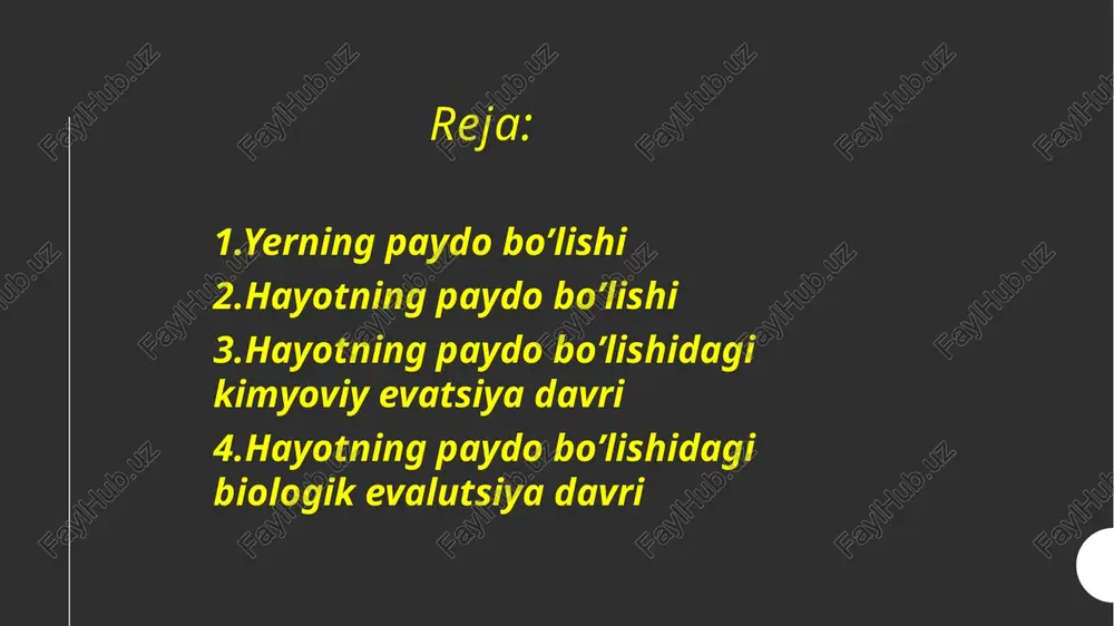 an 1 milliard yil o'tgach paydo bo'lgan. shuni ta'kidlash kerakki, birinchi okeanlar hozirgisidan ancha farqli tarkibga ega bo'lishi kerak, chunki ular atmosfera tarkibini qisman aks ettirgan. yer sayyorasida suvning kelib chiqishi haqidagi taxminiy nazariya qanday? hozirgi vaqtda yerda mavjud bo'lgan suvning bir qismi yerdan tashqarida kelib chiqqan, uning kelib chiqishi sayyoramizning dastlabki kunlarida urilgan asteroidlar va kometalarning bombardimon qilinishi natijasida paydo bo'lgan degan nazariya mavjud. suyuqlikning to'planishi vaqt o'tishi bilan, bu epizodlarning takroriy ketma-ketligidan keyin sodir bo'ldi. hayotning paydo boʻlishi - tirik organizmlarning paydo boʻlishi va rivojlanishi toʻgʻrisidagi qarashlar majmui. uning paydo boʻlishi toʻgʻrisida har xil fikrlar mavjud. qad. xitoy, rim, bobilda paydo boʻlgan nazariyalarga binoan hayot tabiatda "avjud boʻlgan narsalardan oʻz-oʻzidan (spontan) vujudga kelgan. yunon faylasufi em-pedokl (miloddan avvalgi 490—430 yil) tiriklik havo, tuproq, olov va suvdan; demokrit (miloddan avvalgi 460—370 yil) hayot loydan; fales (miloddan avvalgi 625—547 yil) oʻsimlik va hayvonlar balchiqdan paydo boʻlgan, degan fikr bildirishgan. aristotel …