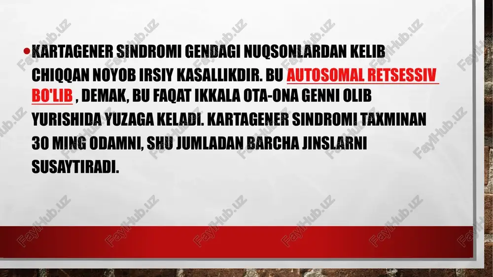 o'pka o'zgarishlarini aniqlash mumkin. traxeyani, o'pkaning yoki sinuslarning astarli biopsiyasini olib tashlash nafas yo'llarining hujayralari mikroskopik tekshirilishiga yo'l qo'yishi mumkin, bu esa nuqsonli siliyani aniqlashi mumkin. davolash kartagener sindromi bilan og'rigan odamning tibbiy yordami nafas yo'li infektsiyasining oldini olish va yuzaga keladigan har qanday vaziyatni tezkor davolashga qaratilgan. antibiotiklar sinusitni yengillashtirishi mumkin, va nafas olish preparatlari va respiratorli terapiya surunkali o'pka kasalligi rivojlanishi mumkin. markaziy quloqdan infektsiyalar va suyuqliklarning oqishiga yo'l qo'ymaslik uchun quloqchalar orqali kichik quvurlar joylashtirilishi mumkin. kattalar, ayniqsa erkaklar, tug'ish bilan bog'liq qiyinchiliklarga duch kelishadi va tug'ish bo'yicha mutaxassisni maslahatlashdan foyda ko'rishlari mumkin. og'ir holatlarda ayrim kishilar o'pka ko'chirib olishni talab qilishi mumkin. ko'pgina odamlarda nafas yo'li infektsiyasining soni qariyb 20 yoshga kamayadi va natijada, kartagener sindromi bilan kasallanganlarning ko'pchiligi oddiy odamlarning hayotiga yaqinlashadi. bolalarda kartagener sindromi tashxis bir bola, bir oy yosh atrofida boshlangan, muntazam ravishda pnevmoniya, rinit va sinusit aziyat chekmoqda bo'lsa juda murakkab emas …