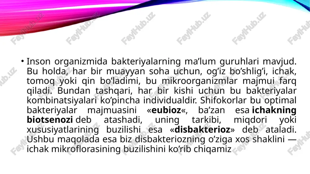ogiyasi tabiatiga alohida e’tibor beriladi, bu axlat rangi va turiga, shuningdek holatiga qarab osonlikcha aniqlanadi. sarg’ish tusdagi axlat ko’p miqdorda hazm bo’magan ovqat va ortiqcha kraxmaldan dalolat beradi. bunday holatda vaziyatni rostlash uchun xom sabzavotlar, uglevodlar va sut o’rniga oqsilga boy oziq-ovqatlar tavsiya etiladi (qaynatilgan go’sht, tuxum, pishloq). juda to’q rangli va badbo’y hidli axlat ichakda ishqorli reaktsiya mavjudligini, shuningdek hazm bo’lmagan kletchatka borligini ko’rsatadi. bu holatda, ratsiondan vaqtincha go’sht va yog’larni chiqarib tashlab, ko’proq qaynatilgan sabzavotlar va sut mahsulotlari iste’mol qilish kerak. ich ketishi bilan kechadigan ichak disbakteriozini «yumshoq» oziq-ovqat mahsulotlariga asoslangan parhez bilan tuzatish kerak. ratsiondagi ovqat issiq yoki sovuq bo’lmasligi kerak, oziq-ovqat qaynatilgan va imkon qadar ezilgan bo’lishi kerak. agar disbakterioz qabziyat bilan namoyon bo’lsa, ratsionga ko’proq kletchatkaga boy mahsulotlarni kiritsh kerak: olma, karam, sabzi, o’rik. bolalarda tez-tez uchraydigan kasalliklardan biri bu ichak disbakteriozidir . bunda mikrofloraning muvozanati buziladi. "foydali" bakteriyalar soni kamayadi va patogen mikroorganizmlarning tarkibi …