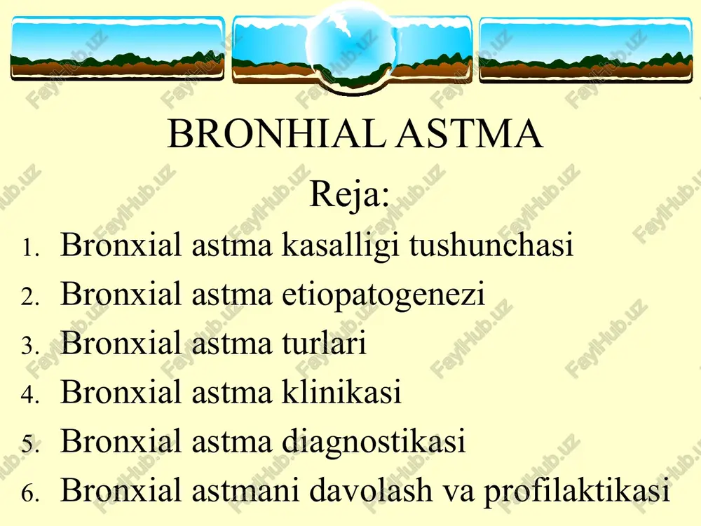 bilan xujayralarda birikadi, ya’ni “shok organ” xosil bo’ladi (bu bronxlarning sillik muskul tolasi, semiz xujayra, bronx atrofi, tomirlarning retikuloendoteliyasida bo’lishi mumkin). 2. patoximiyaviy faza - paydo bo’lgan antigen - antitelo xujayralardan biologik aktiv bo’lgan moddalarni - gistamin, serotonin, atsetilxolin, bradikinin xosil bo’lishini tezlashtiradi . 3. patofiziodogik faza - xosil bo’lgan biogen aminlar xujayralarni parchalab silliq muskul tolalarini qo’zg’atadi natijada bronxospazm paydo bo’ladi, bronx bezlari shilliq qavati shishi va shilliq moddani ko’p ishlab chiqaradi va bo’g’ilish xurujlari paydo bo’ladi bronxial astma davrlari  • xuruj oldi  • xuruj  • xurujdan keyingi  • xurjlar oralig’i klinika • xurujlardan oldingi davr (1-necha soatdan 2-3 kun davom etadi). • bezovtalik qo’zg’aluvchanlik uyqusizlik va vegetativ o’zgarishlar: - rang oqarishi, terlash, ko’z qorachig’ini kengayishi, nafas siqilishi kuzatiladi, bosh og’rig’i, qorin og’rig’i ba’zilarda tumov belgilari kuzatiladi xuruj davri asosan ertalab boshlanadi ya’ni bronxlar giperreaktivlik ritmigabog’liq bosh og’rig’i, bo’g’ilish, harorat ko’tarilishi, quruq xurujsimon yo’tal , …