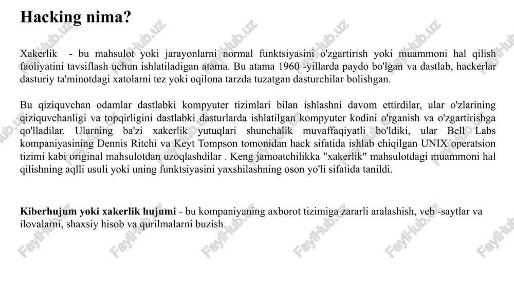 e kompaniyasining tizimidan qanday foydalanishni va shaharlararo telefon vaqtini o'g'irlashni o'rganish uchun dastlabki telefon uskunalarida son-sanoqsiz tajribalar o'tkazdilar. jinoyatning bu innovatsion turi huquqni muhofaza qilish organlari uchun qiyin masala edi, qisman jinoiy javobgarlikka tortishga yordam beradigan qonunchilikning yo'qligi va buzib kirilayotgan texnologiya bo'yicha malakali tergovchilarning etishmasligi ularni topshda qiyinchiliklarga olib keldi. ma'lum bo'lishicha, kompyuter tizimlari jinoiy harakatlarga ochiq bo'lgan va iste'molchilarga yanada murakkab kommunikatsiyalar taqdim etilgach, kiber jinoyatchilik uchun imkoniyatlar oshgan. asosiy maqsad - bu ma'lumotlardan foydalanish yoki egalarini shantaj qilish. o'zlarini tanishtirish uchun saytlar, infratuzilma va xizmatlarga kiradigan xakerlar guruhlari bor. bunday hujumlarni terrorchilik hujumlari bilan solishtirish mumkin. kiber jinoyat haqida birinchi federal qonun 1986 yilda lorens berkli milliy laboratoriyasining tizim ma'muri klifford stoll buxgalteriya hisobi ma'lumotlarining ba'zi qonunbuzarliklarini qayd etdi. birinchi raqamli sud -tibbiyot texnikasini ixtiro qilib, u ruxsatsiz foydalanuvchi o'z kompyuter tarmog'ini buzib kirganini aniqladi. stoll xakerni tarmoqqa qaytaradigan, uning manbasiga bostirib kirishni kuzatish uchun etarli ma'lumot …