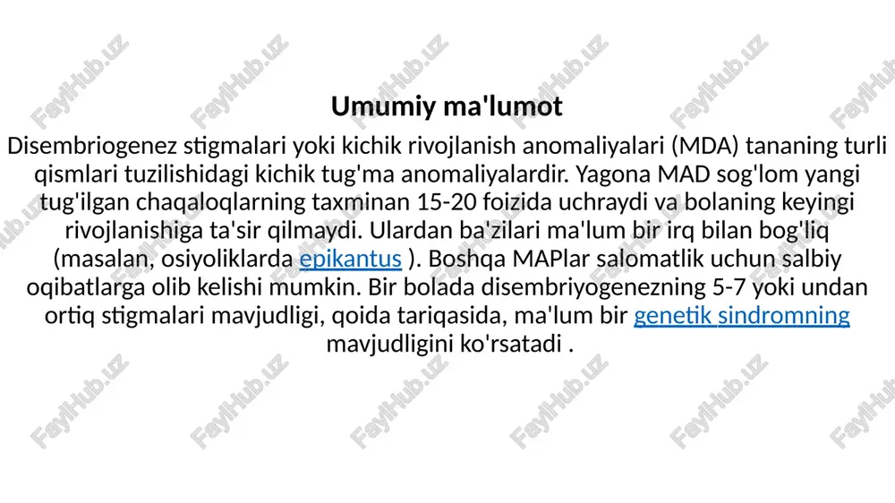 makro va mikroelementlarning etishmasligi, poligipovitaminoz ; yordamchi reproduktsiya usullaridan foydalanish. patogenez xomilaning tanasiga kiradigan embriotoksik moddalar biologik rivojlanishning normal yo'nalishini o'zgartiradi. xomilaning qon aylanishining xususiyatlari potentsial mutagenlar va teratogenlarning homila organlariga bevosita zarar etkazuvchi ta'sirini aniqlaydi. homiladorlikning dastlabki bosqichlarida (embriogenez davri) hujayra bo'linishi, differentsiatsiya, proliferatsiya, embrion induksiyasi, organogenez va embrion rudimentlarini shakllantirishning boshqa jarayonlari buziladi. keyingi davrda zarar etkazuvchi omillar dastlab to'g'ri shakllangan to'qimalar va organlarda o'zgarishlarga olib keladi. buning oqibati skelet tizimi, teri va ichki organlarning turli xil disgenezlarining paydo bo'lishidir. turli xil anatomik tuzilmalarning paydo bo'lish vaqti vaqt bo'yicha bir-biriga to'g'ri kelganligi sababli, ba'zi mikroanomaliyalar bir vaqtning o'zida hosil bo'ladi. masalan, palpebral yoriqlar, quloqlar, barmoqlar va bosh suyagining nuqsonlari ko'pincha tug'ma buyrak patologiyasi bilan birlashtiriladi. teri displazisi va skelet anomaliyalarining kichik yurak anomaliyalari bilan bog'liqligi ham qayd etilgan . bundan tashqari, disembriogenez stigmalarining 3 guruhi mavjud: o'lchash, tavsiflovchi va muqobil: o'lchash - mutlaq yoki nisbiy qiymatlarda ifodalanishi mumkin …
