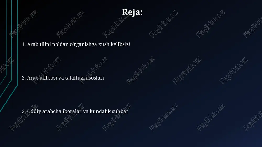 ak. madaniyat va urf-odatlar arab dunyosida oilaviy munosabatlar juda muhim, ko'pincha 3 avlod birgalikda yashaydi va kattalarga hurmat ko'rsatish odatiy holdir, bu qadriyat yuqori o'ringa qo'yiladi. mehmondo'stlik arab madaniyatining ajralmas qismi bo'lib, mehmonlarga 3 kun davomida bepul taom va boshpana taklif qilish odati mavjud, bu saxovatning yuqori darajasidir. o'rganish resurslari va maslahatlar arab tilini o'rganish uchun bepul onlayn resurslar ko'p, masalan, madinah arab tili kitoblarining pdf versiyalari va 50 darsdan iborat arab tili kurslari. lug'at yodlash uchun memrise yoki anki kabi takrorlash tizimlaridan foydalaning, har kuni kamida 10 ta yangi so'z yodlashga harakat qiling hamda ularni takrorlang. e'tiboringiz uchun rahmat image2.jpg image3.jpg image4.jpg image5.jpg image6.jpg image7.jpg image8.jpg