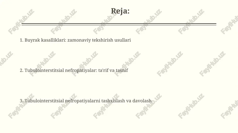 it ko'pincha dorilar (masalan, nsaidlar yoki antibiotiklar) yoki infektsiyalar (masalan, pielonefrit) tufayli kelib chiqadi, immun mexanizmlarni qo'zg'atadi. surunkali tubulointerstisial nefrit ko'pincha uzoq muddatli dorilar ta'siri, toksinlar ta'siri yoki metabolik kasalliklar (masalan, giperurikemiya) natijasida yuzaga keladi, fibrozirovka va atrofiyani keltirib chiqaradi. klinik ko'rinish ko'p bemorlarda dastlabki klinik ko'rinishlar noaniq bo'lishi mumkin, masalan, faqat tungi siyish (nokturiya) yoki qonda kreatinin miqdori biroz oshishi kuzatilishi mumkin. o'tkir tubulointerstitial nefritda (otin) bemorlarda isitma, teri toshmasi va buyrak yetishmovchiligi bilan birga eozinofiliya kuzatilishi mumkin, bu allergiya reaksiyasini ko'rsatadi. anamnez va fizik tekshiruv anamnezda dori-darmonlarni, xususan, nsaid va antibiotiklarni (masalan, aminoglikozidlar) uzoq muddat qabul qilish, tubulointerstisial shikastlanish xavfini oshirishi aniqlanadi. taxminan 30% holatda dori sabab bo'lishi mumkin. fizik tekshiruvda qon bosimini o'lchash muhim, chunki gipertenziya surunkali tubulointerstisial nefritning asoratidir. 140/90 mmhg dan yuqori ko'rsatkichlar e'tiborga olinishi kerak. laboratoriya tekshiruvlari (siydik tahlili, qon tahlili) siydik tahlilida ertalabki siydik namunasi tekshiriladi, kreatinin klirensi 24 soatlik siydik to'plami orqali …