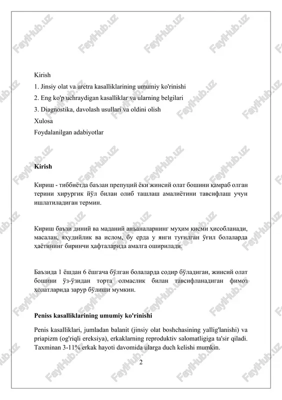 jasida yuzaga keladi va siydik chiqarish qiyinlashuviga olib keladi; davolash dilatatsiya yoki jarrohlikni o'z ichiga oladi. siydik yo'llari infeksiyalari (uti) erkaklarda kamroq uchraydi, lekin uretra orqali bakteriyalar kirishi natijasida kelib chiqishi mumkin va siydik chiqarishda og'riq, tez-tez siyish va hatto qonda siydik paydo bo'lishi kabi alomatlar bilan namoyon bo'ladi. bakterial infektsiyalar (masalan, uretrit) uretrit ko'pincha *neisseria gonorrhoeae* yoki *chlamydia trachomatis* kabi bakteriyalar tufayli yuzaga keladi, ularning 50 foizigacha birgalikda uchraydi va birgalikda davolashni talab qiladi. gonoreyal uretritda inkubatsiya davri qisqaroq, odatda 2 dan 7 kungacha. nogonokokli uretrit esa asta-sekin rivojlanadi, simptomlar paydo bo'lishi uchun 5 dan 14 kungacha vaqt ketadi. uretritning diagnostikasi uretral surtma orqali gramm bo'yicha bo'yalgan preparat tekshiruvi, leykotsitlar sonini aniqlash va bakterial madaniyatni o'tkazishni o'z ichiga oladi, bu etiologik agentni aniqlashga yordam beradi. virusli infektsiyalar (masalan, genital herpes, papillomalar) genital herpes 1- va 2-tipli herpes simplex viruslari (hsv-1, hsv-2) orqali yuqadi, yaralar va og'riqlar keltirib chiqaradi, lekin …