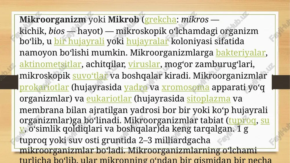 igodalar to‘da bo‘lib tug‘iladilar; ular hamma joyda, jumladan oʻsimliklar, hayvonlar va odamlarning tanasida yashaydilar; va ularning hayoti faqat soniyaning bir qismiga davom etadi. jaynizmning 24-vosihi mahaviraning soʻzlariga koʻra, odamlar ovqatlanish, nafas olish, oʻtirish va harakat qilishda bu nigodalarni katta miqyosda yoʻq qiladi. koʻpgina zamonaviy jaynlarning taʼkidlashicha, mahavira taʼlimoti zamonaviy ilm-fan tomonidan kashf etilgan mikroorganizmlarning mavjudligini oldindan aytib beradi. mikroorganizmlar dunyoda keng tarqalgan va xilma-xil organizmlar bo'lib, ularning turli turlari va klassifikatsiyalari ko'p. ular o'zlarining tuzilishi, yashash joylari, oziqlanish usullari va boshqa xususiyatlariga qarab farqlanadi. mikroorganizmlarning xilma-xilligi quyidagi asosiy guruhlar orqali ko'rinadi: 1. bakteriyalar: • gram-pozitiv bakteriyalar: hujayra devorlari qalin peptidoglikan qatlamiga ega (masalan, staphylococcus, streptococcus). • gram-negativ bakteriyalar: hujayra devorlari nozik peptidoglikan qatlamiga va tashqi membranaga ega (masalan, escherichia coli, salmonella). • anaerob bakteriyalar: kislorodsiz muhitda yashay oladi (masalan, clostridium). • aerob bakteriyalar: kislorod bilan yashaydi (masalan, mycobacterium). 2. arxeylar: • metanoglar: metan gazini ishlab chiqaradi va anaerob sharoitlarda yashaydi. …
