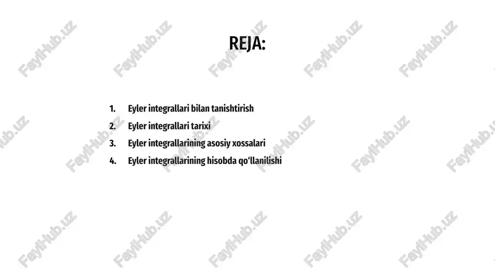 sh orqali matematiklar real dunyo hodisalarini modellashtirishi, bashorat qilishlari va turli ilmiy fanlar bo'yicha real hayot muammolarini hal qilishlari mumkin. 03 eyler integrallarining hisobda qo‘llanilishi eyler integrallari haqida tushuncha eyler integrallari matematik tushuncha boʻlib, integral tushunchasini funksiyalarning kengroq sinfiga kengaytiradi. 02 ularni leonard eyler funktsional tahlil bo'yicha yangi ishida tanishtirgan. 03 eyler integrallari tushunchasi fizika, texnika va iqtisod kabi turli sohalardagi murakkab masalalarni yechish uchun kuchli vositadir. 01 1 2 3 eyler integrallari va riman integrallari integrallarni hisoblashning ikki xil usulidir. eyler integrallari umumiyroq bo'lib, riman integrallariga nisbatan kengroq funksiyalarni integrallash uchun ishlatilishi mumkin. biroq, riemann integrallarini hisoblash va tushunish osonroq. ikkala usul ham o'ziga xos afzalliklarga ega va turli matematik ilovalarda qo'llaniladi. eyler integrallari va rimann integrallari o'rtasidagi asosiy farqlardan biri bu integralni aniqlashga yondashuvidir. eyler integrallarida eyler yig‘indisi tushunchasi qo‘llaniladi, u intervalni kichikroq kichik oraliqlarga bo‘lish orqali integralga yaqinlashadi. riman integrallari esa intervalni bo'lish va integralni riman yig'indisining …