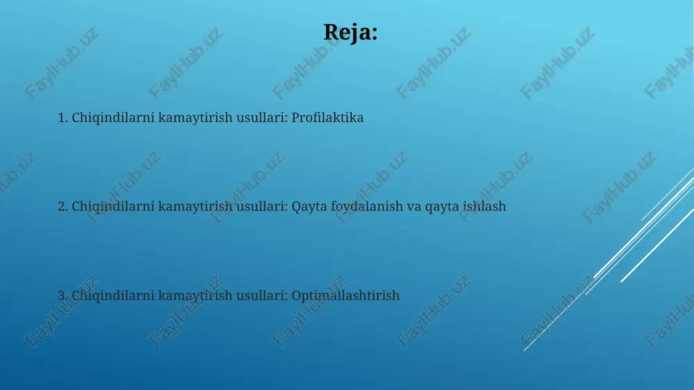 amoyiliga (reduce, reuse, recycle) asoslanadi, bunda materiallardan foydalanishni kamaytirish va qayta ishlash orqali chiqindilarni 40% gacha qisqartirish mumkin. ishlab chiqarish jarayonida 'just-in-time' (jit) tizimini joriy etish orqali keraksiz inventarni minimallashtirish va ortiqcha chiqindilarni 25% ga kamaytirish mumkin. texnologik yangilanishlar yangi sensorlar va monitoring tizimlari 15% gacha mahsulot yo'qotilishini kamaytirishi mumkin, real vaqtda ma'lumotlar asosida jarayonlarni optimallashtirish orqali. dasturiy ta'minotga asoslangan algoritmlar chiqindilarni kamaytirish uchun ishlab chiqarish rejalashtirishda 22% gacha samaradorlikni oshiradi, optimal xom ashyo sarfini ta'minlaydi. materiallarni qayta ishlatish va qayta tiklash materiallarni qayta ishlatish deganda, materiallardan qayta-qayta foydalanish tushuniladi, masalan, shisha idishlarni 10 martagacha tozalab, qayta ishlatish mumkin. qayta tiklash jarayonida, chiqindilar yangi mahsulotlarga aylantiriladi; plastik butilkalardan 70% gacha qayta ishlanib, yangi tolalar yoki idishlar tayyorlanadi. suvni tejash va qayta ishlatish suvni tejashda sanitariya uskunalarini, masalan, ikki rejimli unitazlarni o'rnatish muhim, ular har bir yuvish uchun 3-6 litr suv sarflaydi, bu oddiy unitazlarga nisbatan 60% kamroqdir. qayta ishlash jarayonida …
