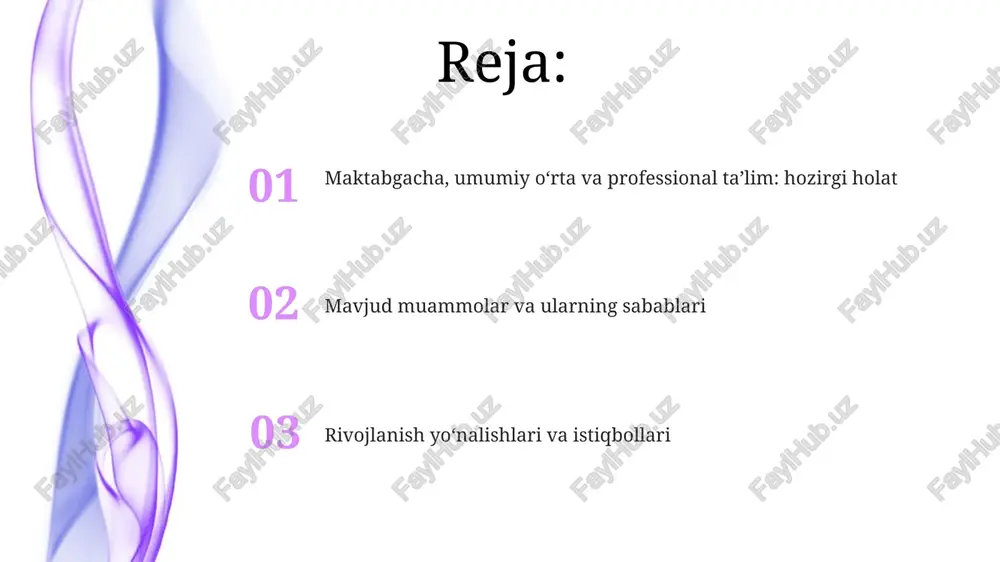 ini oshirish tizimi zamonaviy metodlar bilan yetarli darajada ta’minlanmagan, bu esa 30% o‘qituvchilarning dars berish sifatiga salbiy ta’sir ko‘rsatadi. taʼlim infratuzilmasini modernizatsiya qilish 2022-2026-yillarda 1,2 million oʻquvchi oʻrniga moʻljallangan yangi maktablar qurilishi, 10 mingdan ziyod maktabni rekonstruksiya qilish infratuzilmani tubdan yaxshilashga qaratilgan. infratuzilmani modernizatsiya qilishda it texnologiyalarini joriy etish orqali 5000 ta maktabni yuqori tezlikdagi internet bilan ta’minlash ta’lim sifatini oshirishning muhim omili hisoblanadi. taʼlimni raqamlashtirish: yangi imkoniyatlar raqamlashtirish 2024-yilga kelib, masofaviy ta’lim platformalarida 100 mingdan ortiq interaktiv resurslar yaratish imkonini beradi va oʻquvchilarga moslashuvchanlikni ta’minlaydi. sun’iy intellektga asoslangan ta’lim tizimlari oʻquvchilarning 90%dan koʻprogʻining individual ehtiyojlarini aniqlash va moslashtirilgan oʻquv dasturlarini taklif qilishga yordam beradi. xususiy sektorning taʼlimdagi roli xususiy kasbiy taʼlim muassasalari mehnat bozorining talablariga moslashuvchanligi bilan ajralib turadi va 70% dan ortiq bitiruvchilarni ish bilan taʼminlashga erishadi. xususiy sektor maktabgacha taʼlimda davlat bilan raqobatlashib, innovatsion metodlarni joriy etadi va oxvatni 20% gacha oshirishga yordam beradi, investitsiyalar jalb qiladi. …