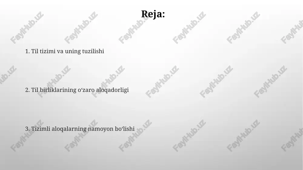 birikmasi va gapni tahlil qiladi. gap tuzilishi sintaksisida 3 asosiy element ajratiladi: gapning bosh bo'laklari (ega, kesim), ikkinchi darajali bo'laklar (to'ldiruvchi, aniqlovchi, hol) va uyushiq bo'laklar. semantika: maʼno semantika til birliklarining ma'nosini o'rganadi. u so'zlar, iboralar va gaplarning 1. mazmunini tahlil qilib, 2. ularning o'zaro aloqalarini va 3. kontekstdagi ahamiyatini aniqlaydi. ma'no semantikasining asosiy yo'nalishlaridan biri - leksik semantikadir. unda so'zlarning 1. ma'nolari, 2. sinonimlari, 3. antonimlari va 4. giponimlari kabi munosabatlar o'rganiladi. leksikologiya: soʻz boyligi leksikologiya soʻz boyligini oʻrganadi, unda 100,000 dan ortiq soʻz boʻlishi mumkin, har bir soʻz oʻz ma'nosiga ega boʻlib, fonetik va grammatik xususiyatlar bilan ajralib turadi. oʻzbek tilidagi soʻz boyligi tub soʻzlar va yasama soʻzlardan tashkil topgan, ularning aksariyati oʻzak va 2-3 tagacha affiksdan iborat boʻlib, turli ma'nolarni ifodalaydi. pragmatika: nutqiy vaziyat nutqiy vaziyat pragmatikada muhim ahamiyatga ega, chunki u so'zlovchining 1) niyati, 2) auditoriyasi va 3) maqsadini hisobga olgan holda ma'noni shakllantiradi, 4 qoidalar …