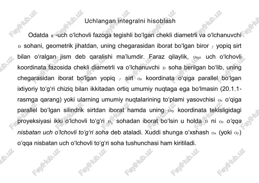 tayinlangan va deyilgan faraz asosida bo‘yicha integrallab, ning funksiyasini hamda ni oraliq bo‘yicha integrallab, takroriy uch karrali integralning, demak, uchlangan integralning ham qiymatiga ega bo‘lamiz. oz d                yxzyx xyx bxa ;; , , 21 21                  yxzyx yxy dyc ;; , , 21 21               dzzyxfdydxdxdydzzyxf yx yx x x b ad   ; ; 2 1 2 1 ;;;;            yxdzzyxf yx yx ;;; ; ; 2 1    x y z  yx ; x    xyx 21   y        xfdyyx …