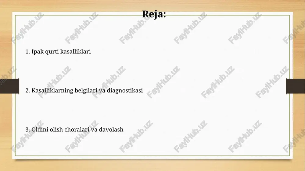 ahasi yo'qoladi va najasi suyuq holatga keladi, 50-80% gacha o'lim kuzatilishi mumkin. kasallikning oldini olish uchun ipak qurtlarini toza muhitda saqlash, haroratni 24-28 °c da ushlab turish, 80% namlikni ta'minlash va formaldegidning 2% eritmasi bilan dezinfeksiya qilish muhim. oq dog' kasalligi oq dog’ kasalligi zamburug’lar (asosan beauveria bassiana) tufayli kelib chiqadi va tut ipak qurti lichinkalarining terisida oq, changsimon dog’lar paydo bo’lishi bilan xarakterlanadi. infektsiya tarqalishini kamaytirish uchun inkubatsiya xonalarida haroratni 24-26 °c darajasida ushlab turish va namlikni 75-80 % gacha nazorat qilish muhim, shuningdek, tozalikni saqlash kerak. ipak qurtlarining zamburug'li kasalliklari aspergillyoz, ayniqsa aspergillus flavus zamburug'i, ipak qurtlarining tuxumlarida 20-25% gacha nobud bo'lishiga sabab bo'ladi, bu esa xavfli oqibatlar keltirib chiqarishi mumkin. muscardin kasalligi, jumladan oq muscardin (beauveria bassiana) va yashil muscardin (metarhizium anisopliae) kabi zamburug'lar, qurtlarning 30-40% gacha o'limiga olib kelishi mumkin. ipak qurtlarining bakterial kasalliklari streptokokkoz - bu bakterial kasallik bo'lib, unda ipak qurtlari tana qobig'ida qonli …