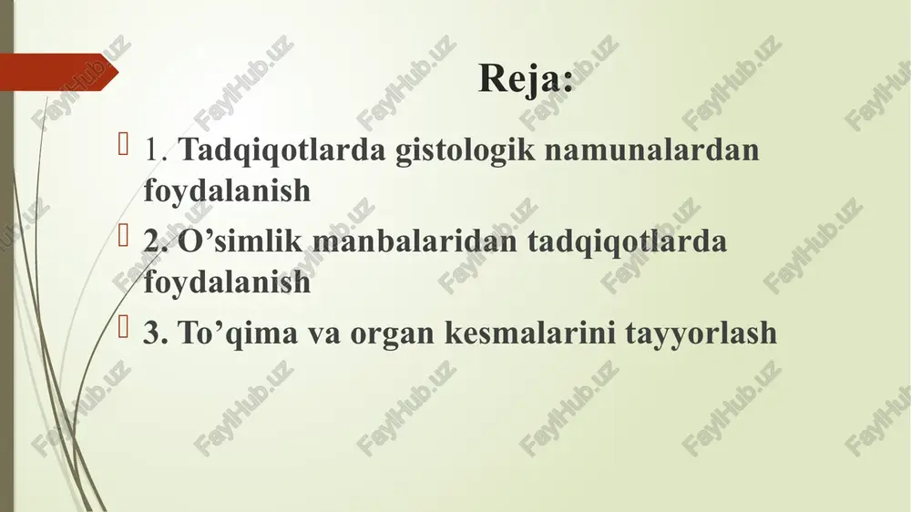 ng tirik organizmlar to‘qimalariga ta’siri. 2. qishloq xo‘jaligi va veterinariya. chorvachilikda hayvonlarning sog‘lig‘ini o‘rganish va kasalliklarni tashxislash. g‘o‘za, bug‘doy va boshqa ekinlarning gistologik tuzilishini o‘rganish orqali ularning kasalliklarga chidamliligini tekshirish. sud-tibbiy ekspertizada. o‘lim sababi va vaqtini aniqlash uchun jasad to‘qimalari gistologik tekshiruvdan o‘tkaziladi. giyohvandlik moddalarining organizmga ta’sirini tekshirish. o‘simlik manbalaridan tadqiqotlarda foydalanish turli ilmiy yo‘nalishlarga bog‘liq holda amalga oshiriladi. 1. botanika va sistematika usullari. o‘simliklarni identifikatsiya qilish va tasniflash. gerbariy namunalarini to‘plash va tahlil qilish. o‘simliklarning morfologik va anatomik tuzilishini o‘rganish 2. kimyoviy va biokimyoviy usullar. o‘simlik tarkibidagi biologik faol moddalarni ajratish (alkaloidlar, flavonoidlar). ekstraksiya va chromatografiya usullari bilan kimyoviy tarkibni aniqlash. spektroskopiya va massaspektrometriya usullari orqali komponentlarni o‘rganish 3. ekologik va agronomik usullar. o‘simliklarning tuproq va iqlim sharoitlariga moslashuvini o‘rganish. ekotizimdagi roli va biologik xilma-xillikka ta’sirini baholash. ekologik monitoring va bioindikatsiya tadqiqotlari 4. farmakologik va tibbiyot tadqiqotlari. dorivor o‘simliklarning biologik faolligini o‘rganish. klinik sinovlar o‘tkazish. an’anaviy tibbiyot va fitoterapiyada …