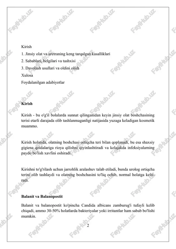 klar (jyuk) jyuk, masalan, xlamidiya, gonoreya va sifilis o'zbekistonda keng tarqalgan. ularni erta aniqlash va davolash kasalliklarning jiddiy asoratlarini oldini olish uchun muhim ahamiyatga ega. jyuk profilaktikasi prezervativdan to'g'ri foydalanish, muntazam skrining testlaridan o'tish, shuningdek, sheriklar sonini cheklashni o'z ichiga oladi. bu sog'liqni saqlashga yordam beradi. o'zbekistonda jyukni davolash bepul bo'lishi mumkin, ammo ba'zi testlar uchun to'lov talab qilinishi mumkin. vaqtida davolanish uzoq muddatli sog'liq muammolarini oldini olishga yordam beradi. fimoz va parafimoz fimoz - bu jinsiy olat boshchasini qoplaydigan sunnat terisining tortilishi qiyinlashuvi, bu esa tozalikni saqlashni qiyinlashtiradi va infeksiya xavfini oshiradi. parafimoz - bu sunnat terisi orqaga tortilganda va jinsiy olat boshchasini qisib qo'yganda yuzaga keladigan favqulodda vaziyat, bu esa qon oqimini to'sib qo'yishi mumkin. konservativ davolash uchun steroid kremlari qo'llaniladi, bu esa 4-8 hafta davomida sunnat terisini asta-sekin cho'zishga yordam beradi; jarrohlik usuli - sunnat qilishdir. peyroni kasalligi peyroni kasalligi penistagi fibroz to'qimalarning shakllanishi natijasida kelib chiqadi, …
