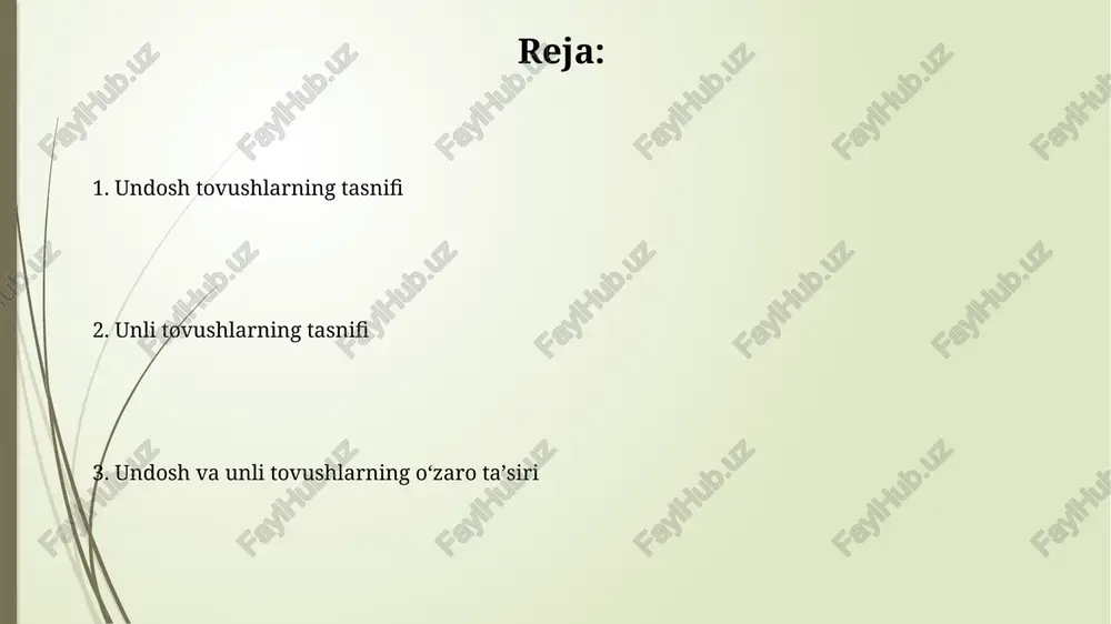ida 6 ta unli tovush mavjud: a, e, i, o, u, oʻ. ularning talaffuzi lablarning holati, tilning pozitsiyasi va og'izning ochilish darajasiga ko'ra farqlanadi. o'zbek tilida 25 ta undosh tovush bor. ularning artikulyatsiyasi ovoz paychalarining ishtiroki, talaffuz o'rni va usuliga ko'ra tasniflanadi, masalan, portlovchi, sirg'aluvchi undoshlar. e'tiboringiz uchun rahmat image2.jpg image3.jpg image4.jpg image5.jpg image6.jpg