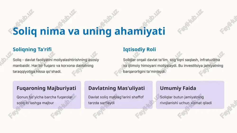 rflanadi jamiyat byudjet mamlakat aholisining hayot sifatini yaxshilash uchun mo'ljallangan 4 soliqlar va byudjet daromadlari asosiy yadro moliya tizimining markaziy elementi. strategik investitsiyalar kelajakdagi o'sish uchun resurslarni yo'naltirish. byudjet bashorati kutilayotgan daromad va xarajatlarni rejalashtirish. iqtisodiy ishonch barqarorlik va himoyani ta'minlash. 5 soliqlar davlat byudjetining asosiy manba hisoblanadi. 2023 yilda o'zbekistonning byudjet daromadlarida soliqlar muhim o'rin tutdi, bu byudjetning barqarorligini ta'minlovchi eng muhim omil bo'ldi. soliq tushumlari davlatning iqtisodiy barqarorligini yaqqol ko'rsatadi, chunki barqaror va doimiy yig'imlar iqtisodiyotning sog'lomligini va mamlakatning moliyaviy majburiyatlarini bajarish qobiliyatini aks ettiradi. iqtisodiy o'sish soliq bazasini kengaytiradi, bu esa o'z navbatida davlat byudjetiga ko'proq mablag' tushishiga olib keladi. soliq daromadlarining oshishi davlatning ijtimoiy, iqtisodiy va infratuzilma dasturlarini moliyalashtirish imkoniyatini kuchaytiradi. byudjet xarajatlari: asosiy yo'nalishlar 2023 yilda byudjet xarajatlari ijtimoiy himoya, ta'lim, sog'liqni saqlash va infratuzilmaga asosiy to'lam tuzdi. ijtimoiy xarajatlar byudjetning 50% dan ko'p qismini tashkil etdi, bu fuqarolarning farovonligi uchun muhim invest. 35% ta'lim …