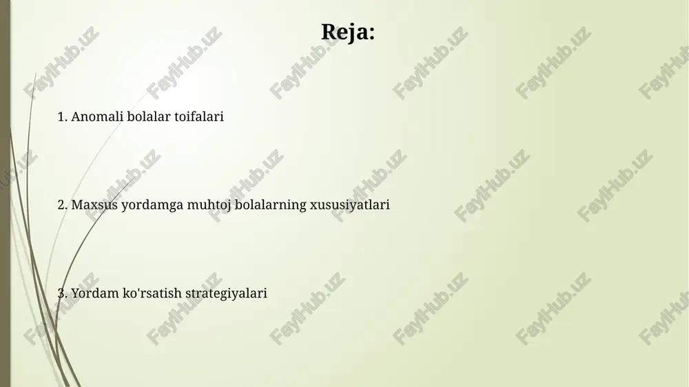ning buzilishi, ko'pincha miya shikastlanishi natijasida kelib chiqadi va 6 yoshdan oshgan bolalarda uchraydi; u gapirish va tushunish qobiliyatini susaytiradi. harakatida nuqsoni bo'lgan bolalar harakatida nuqsoni bo'lgan bolalarda turli darajadagi motor funksiyalari buzilishi kuzatiladi, masalan, mushak tonusining o'zgarishi, koordinatsiya muammolari va harakat diapazonining cheklanishi. bolalarning 50% dan ortig'ida serebral falaj bilan birga keladigan qo'shimcha holatlar mavjud bo'lib, bularga intellektual qobiliyatsizlik, epilepsiya va ko'rish yoki eshitish qobiliyatining buzilishi kiradi. emotsional va xulq-atvor buzilishlari bo'lgan bolalar emotsional va xulq-atvor buzilishlari bo'lgan bolalar ko'pincha tashvish, depressiya kabi ichki muammolarga ega bo'lib, bu ularning ijtimoiy moslashuviga salbiy ta'sir ko'rsatadi. bu toifaga kiruvchi bolalarning 5-10 foizi o'z tengdoshlari bilan munosabatlarda qiyinchiliklarga duch keladilar, shu jumladan do'st orttirish va saqlashda muammolar yuzaga keladi. o'rganishda qiyinchiliklari bo'lgan bolalar organishda qiyinchiliklari bo'lgan bolalar o'qish, yozish va matematikani tushunishda sezilarli muammolarga duch kelishi mumkin, bu esa ularning umumiy o'zlashtirishiga ta'sir qiladi. bu bolalar diqqatni jamlashda qiyinchiliklarga duch kelishi, xotira …