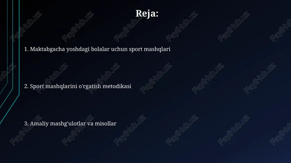 vsiya etiladi. mashqlarni tanlash mezonlari mashqlar tanlashda bolaning yosh xususiyatlari hisobga olinishi kerak, 3-4 yoshdagi bolalar uchun oddiy, 5-6 yoshdagilar uchun esa murakkabroq harakatlar mos keladi. mashqlarning xavfsizligi muhim mezon hisoblanadi, harakatlar bolaning jismoniy imkoniyatlariga mos bo'lishi va jarohat olish xavfini minimallashtirishi kerak. masalan, 8 yoshgacha og'ir atletika mumkin emas. mashqlar bolaning umumiy jismoniy rivojlanishiga ta'sir qilishi kerak, barcha mushak guruhlarini ishga soladigan, muvozanat, koordinatsiya va moslashuvchanlikni rivojlantiradigan 10-15 xil harakatlar tanlash zarur. mashqlarni o'rgatish metodikasi 5-6 yoshli bolalarga mashqlarni o'rgatishda vizual vositalar, masalan, rasmlar yoki video namoyishlar orqali ko'rsatish samarali, chunki ularning idrok qilish qobiliyati rivojlangan. mashqlarni o'rgatishda 3-5 yoshli bolalarga oddiy, takrorlanuvchi harakatlardan foydalanish, ularning diqqatini jamlash va tushunishini osonlashtiradi. mashqlarni o'rgatishda 3 bosqichdan foydalanish mumkin: tayyorgarlik (qizdirish), asosiy (mashqlar) va yakuniy (dam olish). har bir bosqichning davomiyligi 5-10 daqiqa bo'lishi mumkin. qizdirish mashqlari qizdirish mashqlari 3 asosiy qismdan iborat bo'lishi kerak: kardio, dinamik cho'zish va bo'g'imlarni aylantirish, …