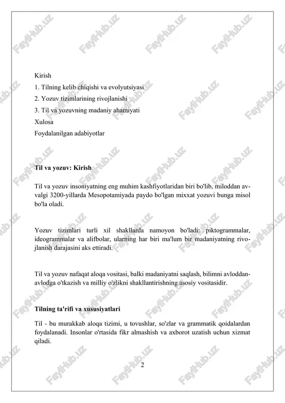zuv o'rtasidagi munosabat til va yozuv oʻrtasidagi munosabatda yozuv, ogʻzaki nutqning 100% aniq aks etishi emas, balki uning soddalashtirilgan, qatʼiy qoidalarga boʻysunuvchi shaklidir. yozuv tildagi barcha nozik maʼnolarni, ohanglarni toʻliq ifodalay olmasligi sababli, 70% hollarda nutqning konteksti va vaziyatga bogʻliqligi yuzaga keladi. tarixda, yozuv tillarning rivojlanishiga katta taʼsir koʻrsatgan. masalan, lotin alifbosi 30 ta tilda qoʻllaniladi va ularning grammatik qurilishiga 60% taʼsir koʻrsatgan. dunyo tillarining xilma-xilligi lingvistik xilma-xillik biologik xilma-xillik bilan bog'liq, tadqiqotlar shuni ko'rsatadiki, yuqori til xilma-xilligiga ega hududlar ko'pincha 70% ko'proq biologik xilma-xillikka ega. dunyoda taxminan 7,151 ta tirik til mavjud, ularning 40% ga yaqini yo'qolib ketish xavfi ostida, chunki ularni bir necha yuzlab, hatto undan ham kam odamlar gapiradi. papua-yangi gvineya 840 dan ortiq tilga ega bo'lib, bu uni dunyodagi eng lingvistik jihatdan xilma-xil mamlakatga aylantiradi, bu mamlakatda dunyo tillarining 11% dan ko'prog'i jamlangan. yozuv tizimlarining turlari alfavit tizimlari, masalan, lotin alifbosi, har bir fonemani (nutq tovushini) …