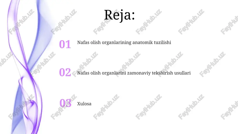 a bo'lakka bo'linadi: yuqori (lobus superior), o'rta (lobus medius) va pastki (lobus inferior), har biri alohida bronx bilan ventilyatsiya qilinadi. nafas olish organlarini tekshirishning zamonaviy usullari: rengen, kt, mrt rentgen tekshiruvi nafas olish organlarining zichligini aniqlashda ishlatilib, pnevmoniya, o'smalar kabi holatlarni baholashda muhim. radiatsiya dozasi minimal, tekshiruv tez va arzon usul hisoblanadi. kt (kompyuter tomografiyasi) rentgen nurlari yordamida nafas yo'llarining 3d tasvirini yaratadi. bu o'pka emboliyasi, bronxoektaz kasalliklari va o'sma hajmini aniqlashda yuqori aniqlikka ega. nafas olish tizimining kasalliklarini tashxislashda anatomik bilimlarning ahamiyati traxeya bifurkatsiyasining 4-5 qovurgʻa darajasida joylashuvini bilish bronxoskopiya paytida oʻng va chap bronxlarni aniqlashda muhim, patologiyalarni koʻrish imkonini beradi. o'pkaning segmentar tuzilishi (o'ngda 10 ta, chapda 8 ta segment) pnevmoniya yoki o'sma kabi lokalizatsiyalangan kasalliklarni aniq tashxislash va rezektsiya qilishda muhim ahamiyatga ega. e'tiboringiz uchun rahmat image5.jpg image6.jpg image7.jpg image8.jpg image9.jpg image10.jpg image11.jpg image1.jpeg image2.jpeg image3.jpeg