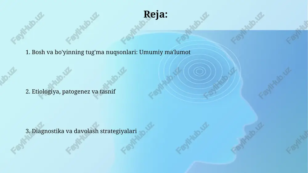 tlanish va eshitish muammolariga olib kelishi mumkin, chunki tanglayning normal tuzilishi ovoz rezonansi va evstaxiy naychasining funktsiyasi uchun zarurdir. quloq nuqsonlari (mikrotiya, atreziya) mikrotiya - tashqi quloqning tug'ma rivojlanish nuqsoni bo'lib, uning og'irligi 1-darajadan (engil) 3-darajagacha (og'ir, quloq yo'q) bo'lishi mumkin, 1:7000 tug'ilishda uchraydi. atreziya - quloq kanalining yo'qligi yoki yopilishi, ko'pincha mikrotia bilan birga keladi va 60 db gacha bo'lgan konduktiv eshitish yo'qotishiga olib kelishi mumkin, tekshiruv audiometriya bilan o'tkaziladi. bo'yin kistalari va sinuslari bo'yin kistalari odatda tug'ma nuqson bo'lib, homilaning rivojlanishi davrida, taxminan 4-haftadan 10-haftagacha bo'lgan vaqtda to'liq yopilmagan halqum xaltalari qoldiqlaridan hosil bo'ladi. median bo'yin kistasi, til suyagi yaqinida joylashgan bo'lib, qalqonsimon-til kanalining normal obliteratsiyasi muvaffaqiyatsiz bo'lganligi sababli yuzaga keladi va bemorlarning taxminan 70% da uchraydi. til nuqsonlari (ankiloglossiya, makroglossiya) ankiloglossiya, yoki til bog'lami, taxminan 4-11% chaqaloqlarda uchraydi va tilning harakatini cheklaydi, bu esa emizish va nutq rivojlanishida muammolarga olib kelishi mumkin. makroglossiya, yoki katta til, daun …