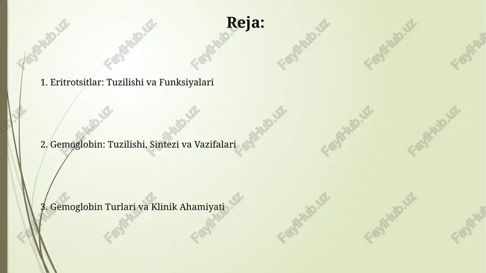 gemoglobin oqsillarining tuzilishi to'rtta subbirlikdan iborat bo'lib, har bir subbirlik gem guruhini va globin zanjirini o'z ichiga oladi, bu esa kislorod bilan bog'lanishni ta'minlaydi. gemoglobinning asosiy vazifasi o'pkadan to'qimalarga kislorodni tashish va to'qimalardan o'pkaga karbonat angidridni olib kelishdir, bu esa gaz almashinuvida muhim rol o'ynaydi. gemoglobinning kislorod bilan bog'lanishi gemoglobinning kislorod bilan bog'lanishi kooperativ jarayondir; birinchi o2 molekulasi bilan bog'lanish qolgan uchta gem guruhiga o2 ni bog'lash osonroq qiladi, affinlik 300 barobar ortadi. 2,3-difosfogliserat (2,3-dpg) gemoglobin bilan bog'lanib, uning kislorodga bo'lgan affinligini kamaytiradi. bu, ayniqsa, gipoksik sharoitlarda to'qimalarga kislorod yetkazib berishni osonlashtiradi. gemoglobin turlari: hba, hba2, hbf hba, kattalar gemoglobinining asosiy turi, umumiy gemoglobinning taxminan 95-98% ni tashkil qiladi va to'rtta subbirlikdan iborat: ikkita alfa va ikkita beta globin zanjirlari. hba2 gemoglobinning kichik bir qismini tashkil qiladi, odatda kattalarda 2-3% ni tashkil qiladi va u ikkita alfa va ikkita delta globin zanjirlaridan iborat bo'lib, diagnostik ahamiyatga ega. globin zanjirlarining turlari …