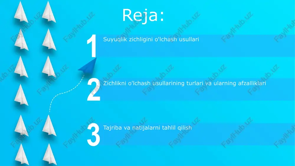 . piknometr usuli piknometr usuli suyuqlik zichligini yuqori aniqlikda o'lchash imkonini beradi, bunda piknometrning massasi va hajmidan foydalaniladi, odatda 0.001 g/sm³ gacha aniqlik ta'minlanadi. usul suyuqlikning ma'lum hajmini (masalan, 25 ml, 50 ml yoki 100 ml) piknometrga solib, massasini o'lchash orqali zichlikni hisoblashga asoslangan. gidrostatik tortish usuli start gidrostatik tortish usuli suyuqlik zichligini aniqlashda arximed qonuniga asoslanadi, unda jism suyuqlikka botirilganda unga ta'sir etuvchi ko'tarish kuchi suyuqlik og'irligiga teng. usulda jismning havodagi og'irligi (m1) va suyuqlikdagi og'irligi (m2) o'lchanadi. suyuqlikning zichligi formula orqali hisoblanadi: ρ = ρ_jism * (m1 / (m1 - m2)), bunda ρ_jism jismining zichligi. boshqa o'lchash usullari vaznli stakan usuli suyuqlikning zichligini bevosita oʻlchash uchun 25 ml hajmli aniq kalibrlangan idishdan foydalanadi, massa esa yuqori aniqlikdagi tarozi yordamida aniqlanadi. gidrostatik tortish usuli arximed qonuniga asoslangan boʻlib, suyuqlikka botirilgan qattiq jismning koʻrinadigan vazn yoʻqolishini oʻlchaydi, natijada zichlikni aniq hisoblash mumkin. o'lchashda xatoliklar va ularni kamaytirish suyuqlik zichligini o'lchashda …