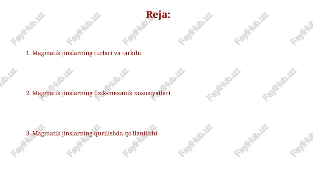 2 xil oʻlchamdagi kristallar (fenokristallar va asosiy massa) mavjud. tekstura magmatik jinslarning hosil boʻlish sharoitini aks ettiradi; vulkanik jinslar tez sovishi natijasida mayda donali (afanitik) teksturaga ega bo'ladi, plutonik jinslar esa sekin sovish tufayli yirik donali (faneritik) bo'ladi. magmatik jinslarning sinflanishi magmatik jinslar kremniy dioksid (sio2) miqdori bo'yicha klassifikatsiya qilinadi; masalan, ultrabazik ( ). kimyoviy tarkibga ko'ra, magmatik jinslar shuningdek, ishqoriy (na2o + k2o) miqdori asosida peralkalin, metalumin va subalumin kabi sinflarga bo'linadi. magmatik jinslarning fizik-mexanik xususiyatlari magmatik jinslarning zichligi odatda 2.5 dan 3.3 g/sm³ gacha oʻzgaradi, mineral tarkibi va gʻovakligiga bogʻliq. yuqori kremniyli jinslar zichligi pastroq, ultrabaziklar esa yuqori zichlikka ega. siqilish mustahkamligi koʻrsatkichi magmatik jinslar uchun 50 mpa dan 300 mpa gacha boʻlishi mumkin, bu ularning kristallanish darajasi va yoriqlarning mavjudligi bilan belgilanadi. magmatik jinslarning mustahkamligi va chidamliligi magmatik jinslarning mustahkamligi mineral tarkibiga bog'liq, masalan, kvarts ko'p bo'lsa, siqilish mustahkamligi 200 mpa dan oshishi mumkin, ammo dala shpati …