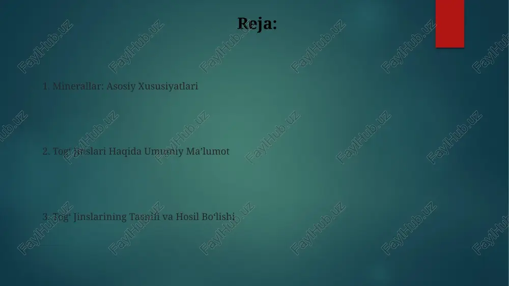 ik bo'ylab bo'linish o'rniga notekis, egri shaklda sinishi natijasida hosil bo'ladi, masalan, konkoidal sinish obsidian vulqon shishasida kuzatiladi. bo'linish va sinishi bo'linish tekisliklari mineralning atom tuzilishi bilan bog'liq bo'lib, 1 dan 3 yo'nalishda mukammal, yaxshi yoki yomon bo'lishi mumkin, bu kristall panjaradagi zaif aloqalarni aks ettiradi. sinish, bo'linishdan farqli o'laroq, tartibsiz yuzalar bo'ylab sodir bo'ladi; konkoidal sinish qobiqqa o'xshash shaklga ega, garchi ba'zi minerallar tolasimon yoki notekis sinishga ega bo'lishi mumkin. zichlik va solishtirma og'irlik zichlik, moddaning birlik hajmiga to'g'ri keladigan massasidir, odatda g/sm³ yoki kg/m³ da o'lchanadi va jismning qanchalik ixchamligini ko'rsatadi, masalan, suvning zichligi taxminan 1 g/sm³. solishtirma og'irlik, bir moddaning og'irligining shu hajmdagi standart moddaning og'irligiga nisbati bo'lib, o'lchovsiz kattalikdir. odatda, suv 4°c da solishtirma og'irlikni hisoblashda standart qilib olinadi. tog' jinslari: umumiy ma'lumot tog' jinslari bir yoki bir nechta minerallardan tashkil topgan tabiiy agregatlar bo'lib, yer qobig'ining asosiy qismini tashkil etadi va ularning turi hosil bo'lish …