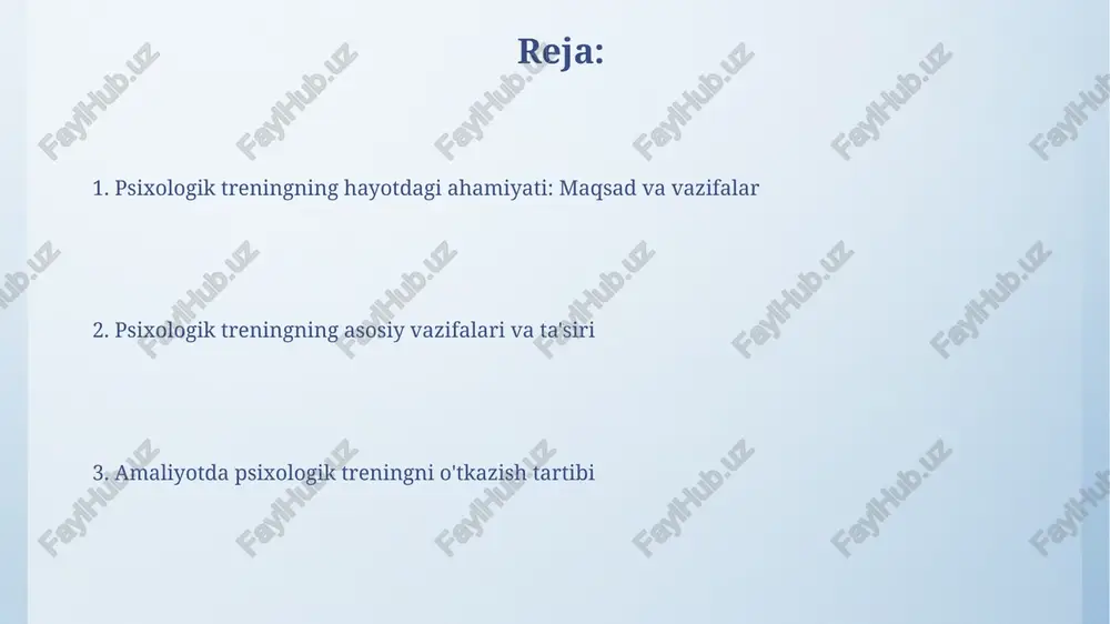 irokchilarning roli - faol ishtirok, 100% diqqat bilan mashg'ulotlarda qatnashish, vazifalarni bajarish, fikrlarni erkin ifodalash va boshqa ishtirokchilarni hurmat qilishdan iborat. trening davomida ishtirokchilar 70% amaliy mashqlarni bajarish orqali o'zlarining shaxsiy o'sishiga erishadilar, yangi ko'nikmalarni shakllantiradilar va muammolarni hal qilishda faol qatnashadilar. psixologik treningni o'tkazish bosqichlari dastlabki bosqichda 1-2 uchrashuv davomida ishtirokchilar bilan tanishuv, trening maqsadlari va qoidalari haqida batafsil ma'lumot beriladi, shuningdek, umumiylikni shakllantirishga e'tibor qaratiladi. asosiy bosqichda 3-5 uchrashuv davomida interaktiv mashqlar, rolli o'yinlar va guruh muhokamalaridan foydalanib, asosiy psixologik ko'nikmalarni rivojlantirish va yangi xulq-atvorni sinab ko'rish amalga oshiriladi. psixologik treningda qo'llaniladigan texnikalar va mashqlar «aqliy hujum» texnikasi guruhning ijodiy qobiliyatini oshiradi, 10-15 daqiqa davomida muammoga yechim topish uchun ko'plab g'oyalar yaratiladi. rolli o'yinlar ishtirokchilarning kommunikativ ko'nikmalarini rivojlantiradi, 2 kishidan iborat guruhlar senariylar asosida 5-7 daqiqa davomida vaziyatlarni o'ynaydi. psixologik trening natijalarini baholash psixologik trening natijalarini baholashda ishtirokchilarning treningdan oldin va keyingi holatini solishtirish uchun 10 ballik shkala …