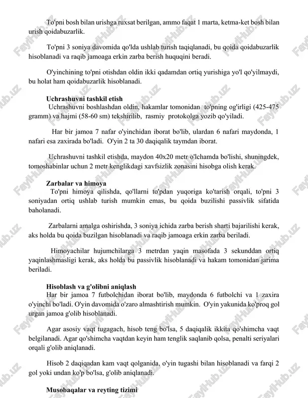 a erkin zarba berish huquqini beradi. o'yinchining to'pni otishdan oldin ikki qadamdan ortiq yurishiga yo'l qo'yilmaydi, bu holat ham qoidabuzarlik hisoblanadi. uchrashuvni tashkil etish uchrashuvni boshlashdan oldin, hakamlar tomonidan to'pning og'irligi (425-475 gramm) va hajmi (58-60 sm) tekshirilib, rasmiy protokolga yozib qo'yiladi. har bir jamoa 7 nafar o'yinchidan iborat bo'lib, ulardan 6 nafari maydonda, 1 nafari esa zaxirada bo'ladi. o'yin 2 ta 30 daqiqalik taymdan iborat. uchrashuvni tashkil etishda, maydon 40x20 metr o'lchamda bo'lishi, shuningdek, tomoshabinlar uchun 2 metr kenglikdagi xavfsizlik zonasini hisobga olish kerak. zarbalar va himoya to'pni himoya qilishda, qo'llarni to'pdan yuqoriga ko'tarish orqali, to'pni 3 soniyadan ortiq ushlab turish mumkin emas, bu qoida buzilishi passivlik sifatida baholanadi. zarbalarni amalga oshirishda, 3 soniya ichida zarba berish sharti bajarilishi kerak, aks holda bu qoida buzilgan hisoblanadi va raqib jamoaga erkin zarba beriladi. himoyachilar hujumchilarga 3 metrdan yaqin masofada 3 sekunddan ortiq yaqinlashmasligi kerak, aks holda bu passivlik hisoblanadi va …
