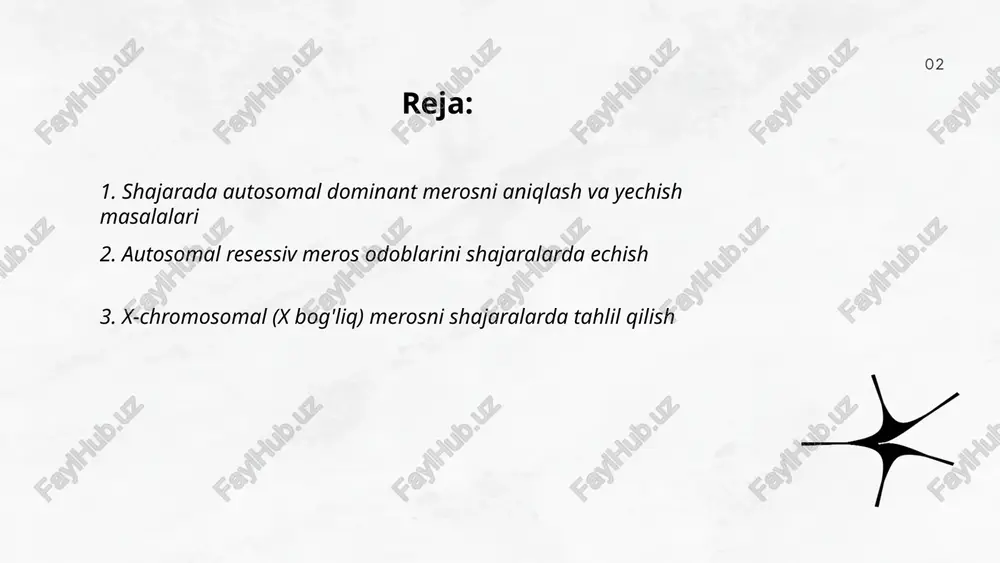 ariga mutant mitoxondriya dnksini uzatishi mumkin; 3) ta’sirlangan ota merosni uzatmaydi; 4) heteroplazmiya tufayli fenotip va penetrans o‘zgaruvchan; 5) embrional bottleneck mutant yukini o‘zgartiradi, natijada farzandlardagi xavf va og‘irlik farq qiladi; 6) xavfni baholash uchun mutatsiya yukini foizda aniqlang va genetik maslahat oling. ... t.me/slaydai_bot konsonangvinlik hisoblash: qarindoshlik darajasi r = σ(1/2)^n, bu yerda n — ikki shaxsni bog‘lovchi meioslar soni. konsonangvinlik koeffitsienti f formulasi: f_x = σ(1/2)^(n1+n2+1)(1+f_a), n1 va n2 — umumiy ajdodga boruvchi yo‘llarning meios soni, f_a — ajdodning f koeffitsienti. misollar: ota-bola r=1/2; aka-uka r=1/2; yarim-aka r=1/4; boboga-bola r=1/4; amak-chi r=1/4; birinchi qarindosh r=1/8; birinchi qarindosh jufti uchun f=1/16. ... t.me/slaydai_bot o'zgaruvchan penetransni baholash uchun shajaralarda genotipga ega bo'lgan individlarning fenotip ko'rsatkichlarini hisoblash, penetrans = fenotip ko'rsatadigan / genotipga ega bo'lgan. ifoda (expressivity) intensivlik darajasini skorlash (masalan 0–3) yoki fenotipik o'zgarishlar spektrini tahlil qilish orqali o'lchanadi. yoshga bog'liq ifoda, atrof-muhit va modifier genlar ta'siri hisobga olinadi. segregatsiya …