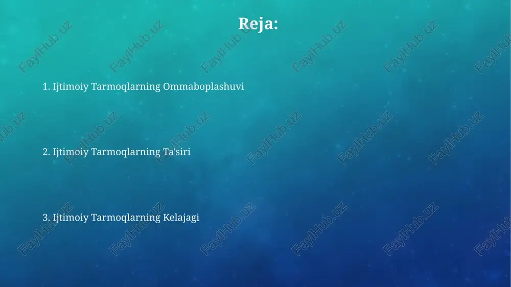 izneslar uchun ijtimoiy tarmoqlar 100 000 dan ortiq yangi mijozlarni jalb qilish imkoniyatini taqdim etadi, bu esa bozor ulushini kengaytirish va raqobatbardoshlikni oshirishga yordam beradi. ijtimoiy tarmoqlar orqali marketing kampaniyalari samaradorligi 50% gacha oshdi, bu esa bizneslarga potentsial mijozlar bilan bevosita bog'lanish imkoniyatini berdi va sotuvlarni ko'paytirishga yordam berdi. twitterning taʼsiri twitter orqali tarqalgan yangiliklar va maʼlumotlarning tezkorligi tufayli, 2020-yilgi saylovlar natijalari kabi muhim voqealar haqida omma 24 soat ichida xabardor boʻldi, bu anʼanaviy ommaviy axborot vositalariga nisbatan ancha tezkorlikni taʼminladi. soʻnggi 10 yil ichida twitter platformasi orqali 15 milliondan ortiq foydalanuvchi yangi mahsulotlar va xizmatlar haqida bilgan va ularni sotib olgan, bu marketing strategiyalariga kuchli taʼsir koʻrsatdi. kiberxavfsizlik va shaxsiy maʼlumotlar ijtimoiy tarmoqlarda shaxsiy maʼlumotlarning 85% dan ortigʻi foydalanuvchilarning oʻzlari tomonidan ochiq holatda saqlanadi, bu esa kiberxavfsizlikka tahdid soladi. soʻnggi 5 yilda ijtimoiy tarmoqlar orqali sodir boʻlgan firibgarlik va shaxsiy maʼlumotlar oʻgʻirlanishi holatlari 300% ga oshgan. mobil qurilmalar va …