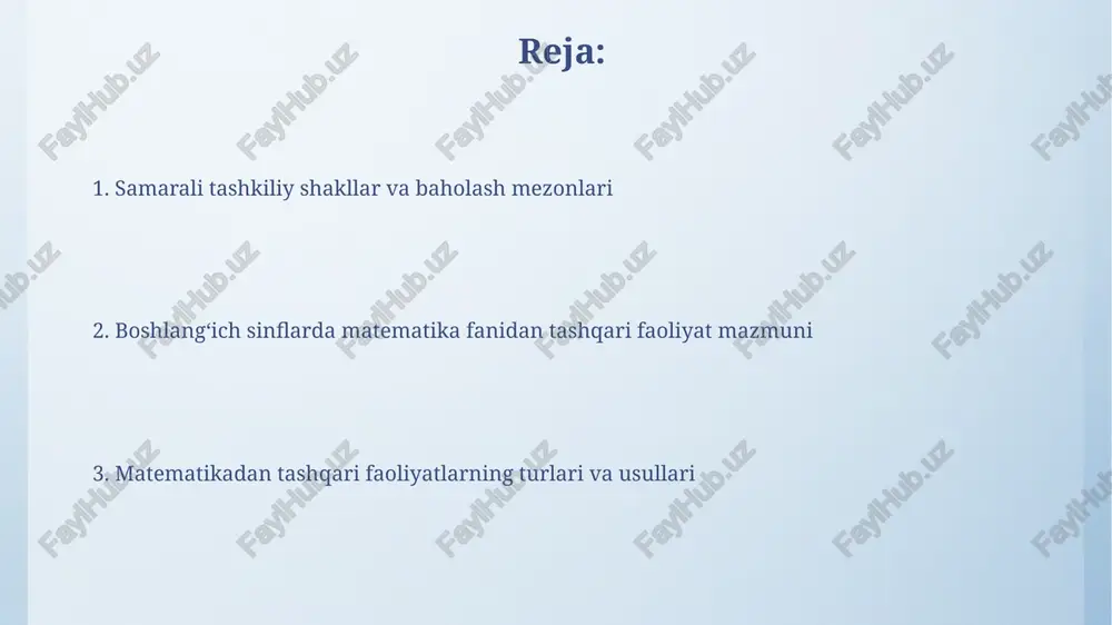 lashga yordam beradi. samarali qoʻshimcha mashgʻulotlarni tashkil etish samarali qo'shimcha mashg'ulotlarni tashkil etishda 5-7 yoshli bolalar uchun o'yinlar, jumboqlar va amaliy topshiriqlar orqali matematik tushunchalarni o'rgatish samarali usul hisoblanadi. samarali qo'shimcha mashg'ulotlarni tashkil qilishda o'quvchilarning yosh xususiyatlari va individual farqlarini hisobga olib, 3-4 kishilik kichik guruhlarda dars o'tish maqsadga muvofiqdir. oʻquv materiallari va resurslari boshlangʻich sinf matematika fanidan tashqari faoliyatlar uchun 20 dan ortiq turli xil oʻyinlar, topshiriqlar va amaliy mashqlar toʻplamini oʻz ichiga olgan oʻquv qoʻllanmalaridan foydalanish samaradorligini oshiradi. rangli kartalar, kublar, geometrik figuralar va boshqa 3 oʻlchovli modellardan foydalanish, boshlangʻich sinf oʻquvchilarida matematik tushunchalarni rivojlantirishda sezilarli yaxshilanishlarni ta’minlaydi. boshlangʻich sinflarda matematika fanidan qoʻshimcha mashgʻulotlar mazmuni matematika toʻgaraklarida 1-4 sinf oʻquvchilariga mantiqiy topshiriqlar, 3 oʻlchovli geometrik modellashtirish, va 100 ga qadar sonlar bilan amallarni bajarish boʻyicha amaliy mashqlar taklif etilishi maqsadga muvofiq. qoʻshimcha mashgʻulotlar davomida oʻquvchilarga murakkab misol yechish strategiyasi, tengsizliklarni ishlatish, va 50 ta misoldan iborat testlarni hal …