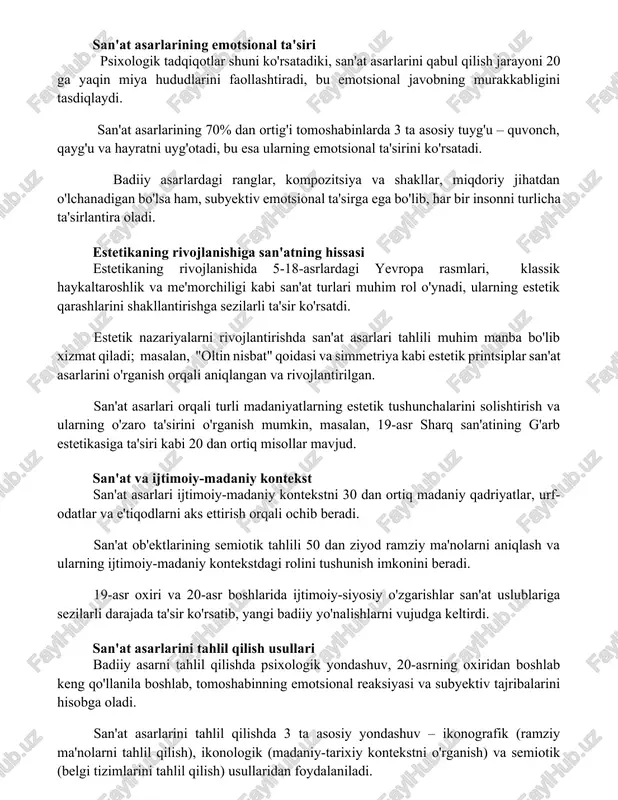 rakkabligini tasdiqlaydi. san'at asarlarining 70% dan ortig'i tomoshabinlarda 3 ta asosiy tuyg'u – quvonch, qayg'u va hayratni uyg'otadi, bu esa ularning emotsional ta'sirini ko'rsatadi. badiiy asarlardagi ranglar, kompozitsiya va shakllar, miqdoriy jihatdan o'lchanadigan bo'lsa ham, subyektiv emotsional ta'sirga ega bo'lib, har bir insonni turlicha ta'sirlantira oladi. estetikaning rivojlanishiga san'atning hissasi estetikaning rivojlanishida 5-18-asrlardagi yevropa rasmlari, klassik haykaltaroshlik va me'morchiligi kabi san'at turlari muhim rol o'ynadi, ularning estetik qarashlarini shakllantirishga sezilarli ta'sir ko'rsatdi. estetik nazariyalarni rivojlantirishda san'at asarlari tahlili muhim manba bo'lib xizmat qiladi; masalan, "oltin nisbat" qoidasi va simmetriya kabi estetik printsiplar san'at asarlarini o'rganish orqali aniqlangan va rivojlantirilgan. san'at asarlari orqali turli madaniyatlarning estetik tushunchalarini solishtirish va ularning o'zaro ta'sirini o'rganish mumkin, masalan, 19-asr sharq san'atining g'arb estetikasiga ta'siri kabi 20 dan ortiq misollar mavjud. san'at va ijtimoiy-madaniy kontekst san'at asarlari ijtimoiy-madaniy kontekstni 30 dan ortiq madaniy qadriyatlar, urf-odatlar va e'tiqodlarni aks ettirish orqali ochib beradi. san'at ob'ektlarining semiotik …