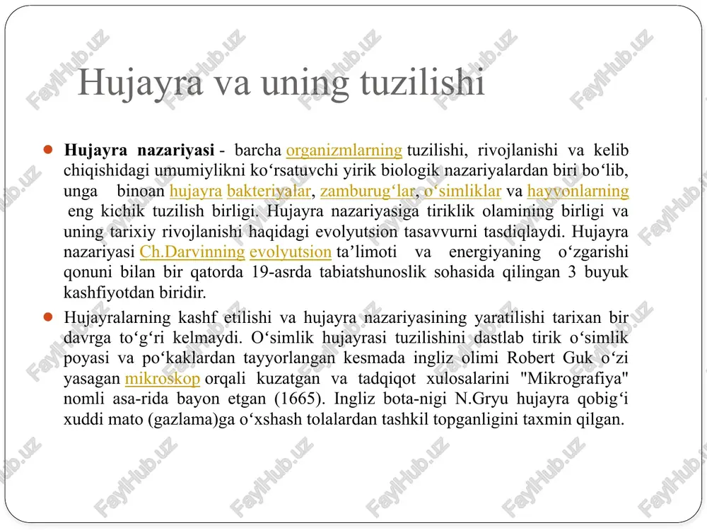 hun muhim fiziologii axamiyatga ega (shu qobiq shikastlansa bakteriyalar turli ta'sirlarni sezuvchan bo'lib qoladi). glikaliks elektron mikroskopda nihoyatda och va nozik — ipsimon struktura holida ko'rinadi. bu tuzilma ichak shillig'ini qoplagan epiteliy hujayralarining mikroso'rg'ichlari yuzasida yaxshi rivojlangan. glikokaliks glikoproteiddan iborat bo'lib, hujayra membranasining bimolekulyar lipidli qavatiga qadar borib taqaladi. glikokaliks moddalari hujayra yuzasining retseptori hamdir. bunday hujayralar maxsus antigenni shu retseptori bilan biriktirib, hujayraniig immun holatigi belgilab beradi (yoki antigenni emiradi). hujayra yuzasidagi bunday retseptorlar turli gormonlar, viruslar hamda har xil biologik faol moddalarni sezish vazifasini bajaradi. organoidlar ikki xil bo'ladi: umumiy organoidlar va xususiy organoidlar. umumiy organoidlar barcha hujayralarda mavjuddir. hujayraning faoliyatiga ko'ra u yoki bu organoid miqdor va shakl jihatdan turlicha bo'lishi mumkin. umumiy organoidlar guruhiga mitoxondriylar, hujayra ichki turi, ribosomalar, goldji kompleksi, lizosomalar, hujayra markazi — sentrosoma, peroksisoma va mikronaychalar kiradi. o'simlik hujayralarida vakuolalar, xlorplastlar ham bo'ladi. xususiy organoidlar ayrim hujayralargagina xosdir. ular miofibrillalar, tonofibrillalar, neyrofibrillalar, xivchin, …