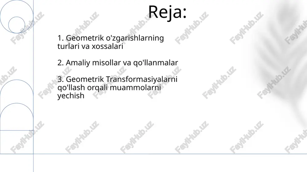 n, 2d yoki 3d fazoda aylantirish, masshtablash yoki siljitish kabi 4 ta asosiy operatsiyalarni o'z ichiga oladi. 5. masshtablash va aylantirish 90°, 180°, 270° burchak ostida aylantirish orqali, bir nuqta atrofida aylanish va koordinatalar tizimini o'zgartirish mumkin. masshtablash va aylantirish operatsiyalari matritsa yordamida ifodalanishi mumkin, bu esa kompyuter grafikasi va robot texnikasida keng qo'llanilishini ta'minlaydi. 6. muammolarni yechishda qo'llanilishi muammolarni modellashtirishda 2x2 yoki 3x3 matritsalar kabi geometrik transformatsiyalarni qo'llash orqali koordinatalarni o'zgartirish va murakkab hisob-kitoblarni soddalashtirish mumkin. kompyuter grafikasi va robototexnika sohalarida geometrik transformatsiyalarni qo'llash orqali 3 o'lchovli fazoda ob'ektlarning harakatini aniqlash va boshqarish mumkin, bu esa 90% gacha aniqlikni ta'minlaydi. 7. murakkab transformasyalar murakkab transformasyalarni hisoblashda matritsa algebrasi muhim rol o'ynaydi; 4x4 bir jinsli koordinata tizimi 3d transformasyalarini samarali ifodalash va hisoblash imkonini beradi, bu esa murakkab hisob-kitoblarni soddalashtiradi. murakkab transformasyalar 2d va 3d fazo geometriyasida 2 yoki undan ortiq oddiy geometrik transformasyalar (masalan, aylanish, masshtablash, siljish) ketma-ket qo'llanilishi …