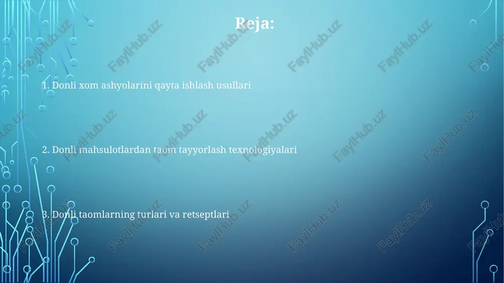 hsulotning oʻziga xos xususiyatlarini saqlab qolishga yordam beradi. donli xom ashyolarini tayyorlash usullari bug'da qaynatish usuli donli xom ashyolarning 70-80% namlik miqdorini saqlab qolish imkonini beradi, bu esa vitaminlar va boshqa qimmatli moddalarni yo'qotilishini kamaytiradi. ushbu usul 45-60 daqiqa davom etadi. donli xom ashyolarni 180-200°c haroratda 20-30 daqiqa davomida qovurish, ularning namligini kamaytirish va fermentativ jarayonlarni faollashtirishga yordam beradi, bu esa mahsulot sifatini yaxshilaydi. donli xom ashyolarni quritish jarayoni kamida 10% namlik miqdoriga yetguncha davom etadi va bu harorat rejimi va havo aylanish tezligiga bog'liq bo'lib, 4-6 soat davom etishi mumkin. sekin pishirgichda pishirish sekin pishirgichda donli xom ashyolarni 6-8 soat davomida past haroratda (taxminan 90°c) pishirish ularning to'liq pishib yetilishi va yumshoq bo'lishiga yordam beradi, bu esa ovqat hazm qilishni yaxshilaydi. donli xom ashyolarni sekin pishirgichda pishirishda turli xil ziravorlar va qo'shimchalar, masalan, 2 osh qoshiq yog' yoki 1 choy qoshiq tuz qo'shish orqali ta'mni boyitish mumkin. sekin pishirgich …