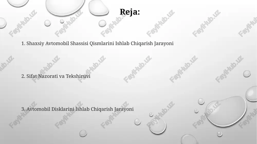 ega. disklarni tayyorlash uchun issiq presslash, quyma, yoki shtamplash kabi turli xil texnologiyalar qo'llaniladi. masalan, quyma usulda 3000 tonnagacha bosim ishlatiladi. tayyor mahsulotlar va yetkazib berish tayyor mahsulotlar, sifat nazoratidan o'tganidan so'ng, mijozlarga yetkazib berish muddati o'rtacha 15-20 ish kuni ichida amalga oshiriladi va bu yetkazib berish hajmi va manzilga bog'liq. yetkazib berish jarayoni zamonaviy logistika tizimlari orqali amalga oshirilib, yuklarning butunligi va xavfsizligini ta'minlash uchun maxsus transport vositalaridan foydalaniladi. yillik ishlab chiqarish hajmi 50 000 dan ortiq avtomobil disk va shassi qismlarini tashkil etadi, ulardan 30%i eksportga yo'naltiriladi. sifat nazorati sifat nazorati jarayonida 100 ta namunadan kamida 5 tasini tasodifiy tanlab, o'lchov asboblari yordamida aniqlik darajasini 0.01 mm gacha tekshiriladi. har bir ishlov berilgan detal uchun minimal 95% sifat talablariga javob berishi kerak. bunda 5% nuqsonli detallar ruxsat etilgan, ammo ular qayta ishlov berishga yuboriladi. metallurgiya xususiyatlarini baholash uchun, 5 xil sinov usuli qo'llaniladi, shu jumladan, tortish va egilish …