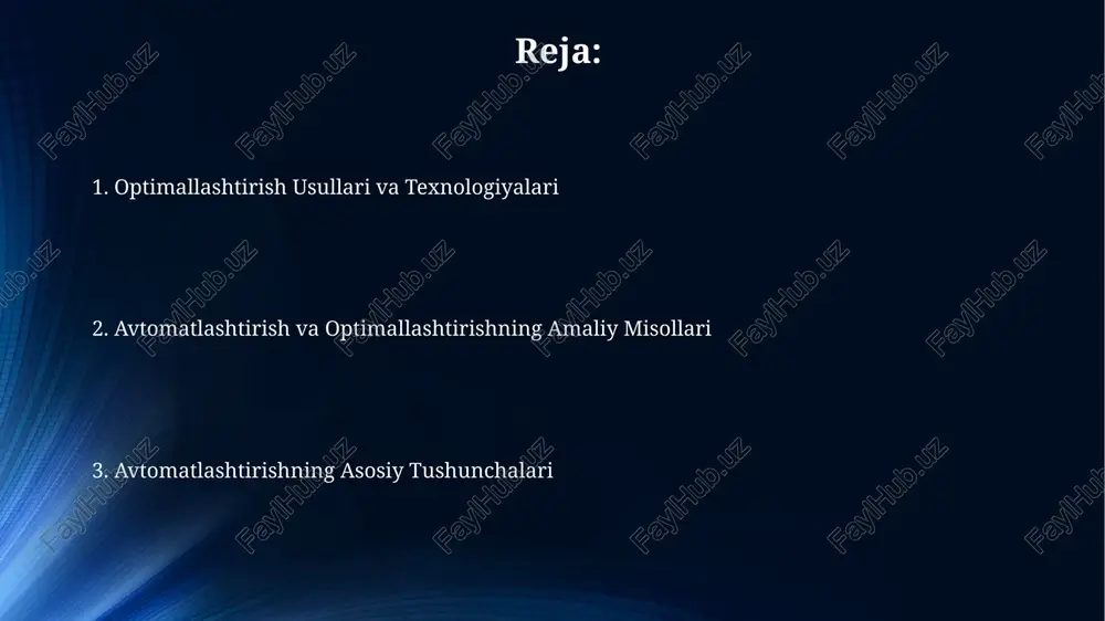 ga kamaytirib, tuzatish va qayta ishlashga ketadigan xarajatlarni sezilarli darajada qisqartiradi. energiya iste'molini 10-15% ga kamaytirish orqali, avtomatlashtirilgan tizimlar uzoq muddatli davrda sezilarli darajada energiya xarajatlarini tejashga yordam beradi. avtomatlashtirish orqali ishchi kuchi xarajatlarini 15-20% ga kamaytirish mumkin, bu esa yillik byudjetda sezilarli tejashni ta'minlaydi. optimallashtirishning maqsadi va vazifalari muvaffaqiyatli optimallashtirish natijasida kpi ko'rsatkichlarining (masalan, ishlab chiqarish hajmi, sotuvlar daromadi) 20% dan yuqori o'sishini va xatoliklar sonini 10% ga kamaytirishni kutish mumkin. optimallashtirishning asosiy maqsadi – jarayonlarni 15-20% ga tezlashtirish, xarajatlarni 10-15% ga kamaytirish va mahsulot sifatini 5-10% ga yaxshilash orqali samaradorlikni oshirishdan iborat. optimallashtirish vazifalari orasida resurslarni (vaqt, xodimlar, moliya) samarali taqsimlash, ortiqcha xarajatlarni aniqlash va yo'q qilish, shuningdek, avtomatlashtirish darajasini 25% ga oshirish kiradi. ma'lumotlar tahlili va prognozlash ma'lumotlar tahlilining avtomatlashtirilishi, masalan, mashinani o'rgatish algoritmlari yordamida, prognozlash aniqligini 15% ga oshirishi va oddiy usullar bilan solishtirganda vaqt sarfini 30% ga kamaytirishi mumkin. katta hajmdagi ma'lumotlar to'plamlarini (big data) …
