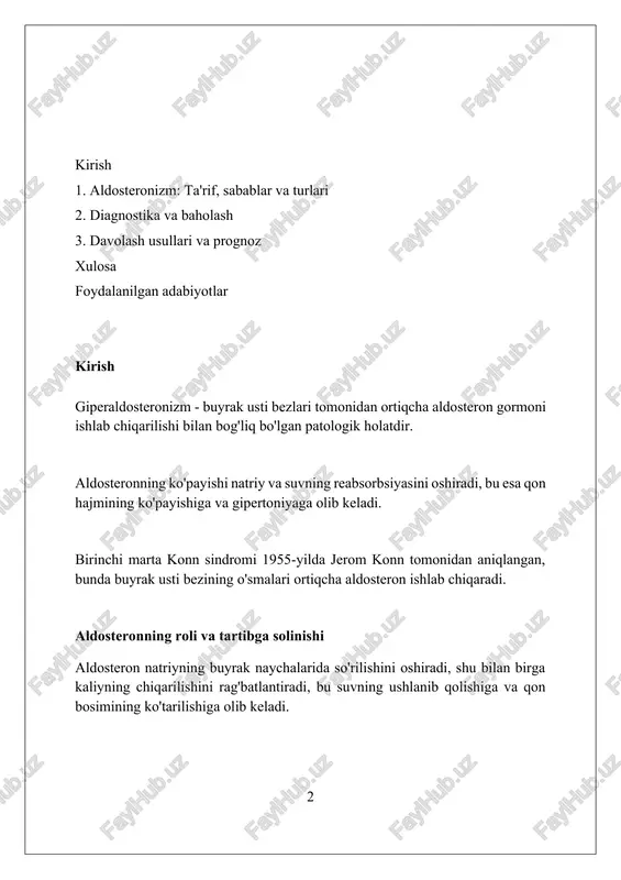 qilishni o'z ichiga olishi mumkin. giperaldosteronizmning sabablari adrenal adenomasi, ko'pincha conn sindromi deb ataladi, giperaldosteronizmning eng ko'p uchraydigan sababidir va 30% dan 60% gacha hollarni tashkil qiladi, bu aldosteron ishlab chiqaradigan o'sma hisoblanadi. ikkala buyrak usti bezining giperplaziyasi (ikki tomonlama giperplaziya) giperaldosteronizmning taxminan 40% ni tashkil qiladi, bu bezlarning kattalashishi va aldosteronning ortiqcha ishlab chiqarilishiga olib keladi. buyrak arteriyasining torayishi (renal arteriya stenozi) buyrakda kam qon bor deb hisoblashiga sabab bo'ladi, bu esa renin-angiotensin-aldosteron tizimini faollashtirib, giperaldosteronizmga olib keladi. birlamchi giperaldosteronizm (kon sindromi) kon sindromida aldosteronning haddan tashqari ishlab chiqarilishi natriyning ushlanib qolishiga va qon hajmining ortishiga olib keladi, natijada 140/90 mmhg dan yuqori bo'lgan gipertenziya rivojlanadi. birlamchi giperaldosteronizmda gipokaliemiya (kaliy darajasi 3.5 meq/l dan past) tez-tez uchraydi, bu mushaklarning zaifligi, charchoq va ba'zida yurak aritmiyalariga sabab bo'lishi mumkin. kon sindromining eng ko'p uchraydigan sababi buyrak usti bezidagi adenoma (o'simta) bo'lib, u aldosteronni me'yoridan ortiqcha ishlab chiqaradi, bu esa 30-50 …
