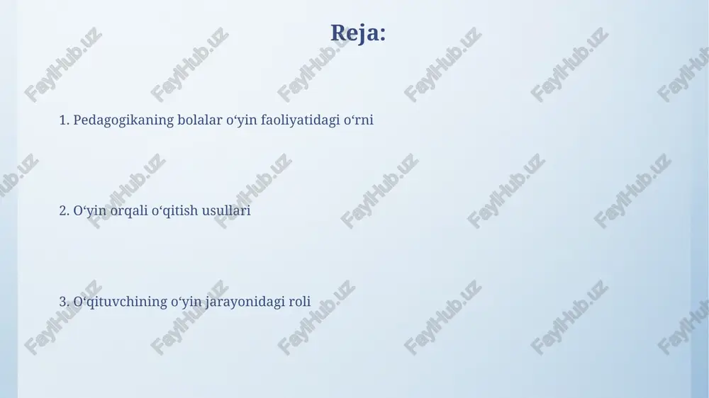 alar uchun o'yin faoliyatining qoidalari va chegaralarini belgilaydi, bu ularning ijtimoiy ko'nikmalarini va o'zaro hurmatini rivojlantirishda muhim rol o'ynaydi. o'yinning turlari ijodiy o'yinlar bolalarga 4-7 yoshda muhim, ularda ular rollar (ona, o'qituvchi) qabul qiladi va mavhum fikrlash orqali vaziyatlarni yaratadi. harakatli o'yinlar, masalan, yugurish va sakrash, bolaning 2 yoshdan keyin rivojlanishiga yordam beradi, harakat koordinatsiyasi va jismoniy faollikni oshiradi. pedagogik usullar pedagogik usullar bolalarning o'yin faoliyatida katta ahamiyatga ega, ularning rivojlanishiga 2ta asosiy omil: kognitiv va ijtimoiy ta'sir ko'rsatadi. o'qituvchilar o'yin davomida 3ta metodni qo'llashlari mumkin: kuzatuv, yordam berish va modellash, bu orqali bolalar 4 xil ko'nikmalarni o'rganadilar. o'yin maydonchasini tashkil etish o'yin maydonchalarini tashkil etishda 1-navbatda 2-5 yoshdagi bolalarning xavfsizligini ta'minlash uchun zarur bo'lgan yumshoq qoplamalar va baland bo'lmagan jihozlar ishlatilishi kerak. o'yin maydonchasida 3 xil turdagi zonalar bo'lishi kerak: 1) faol o'yinlar zonasi, 2) ijodiy o'yinlar zonasi va 3) sokin o'yinlar zonasi, ularning har biri o'z maqsadiga ega. …