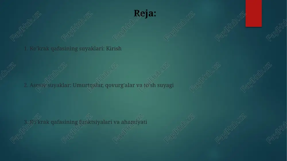 ng tog'ayiga birikadi, bu esa ularning sternumga bilvosita ulanishini ta'minlaydi. to'sh suyagi: joylashuvi va tuzilishi to'sh suyagi (sternum) ko'krak qafasining old qismini tashkil etadi va uchta asosiy qismdan iborat: manubrium, tanasi va xiphoid o'sig'i, ularning nisbati taxminan 2:5:1 ni tashkil qiladi. to'sh suyagining manubriumi birinchi qovurg'a tog'aylari va o'mrov suyagi bilan bo'g'im hosil qiladi, bu bo'g'imlar unga ko'krak qafasining barqarorligini ta'minlashda yordam beradi, ya'ni 1-7 qovurg'alar. to'sh suyagining qismlari to'sh suyagining dastasi (manubrium) yuqori qismida joylashgan bo'lib, o'zida o'mrov suyagi (clavicle) bilan bog'lanish uchun ikkita o'ymaga ega, bu esa sternoklavikulyar bo'g'inni hosil qiladi. to'sh suyagining tanasi (corpus sterni) dastadan pastda joylashgan bo'lib, 2 dan 7 gacha qovurg'alar bilan bevosita bog'lanadi va ularning xaftalik qismlari orqali to'sh-qovurg'a bo'g'imlarini shakllantiradi. qovurg'alar va umurtqa pog'onasi o'rtasidagi bog'lanish qovurg'alar o'murtqa pog'onasi bilan ikkita joyda bog'langan: o'murtqa tanadagi kostovertebral bo'g'in va ko'ndalang o'simtaga bog'langan kostotransversar bo'g'in, bu barqarorlikni ta'minlaydi. o'rta 10 ta qovurg'a o'murtqa tanalar …