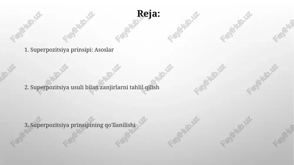 idalari kabi turli usullardan foydalanish mumkin. mustaqil manbalarni o'chirish mustaqil kuchlanish manbalarini o'chirish qisqa tutashuv bilan amalga oshiriladi, 0 voltlik ideal simga tenglashtiriladi, bunda tok manbaning imkoniyatlariga qarab o'zgaradi. mustaqil tok manbalarini o'chirish ochiq tutashuvni amalga oshirishni anglatadi, ya'ni uning terminallari orasidagi tok nol amperga teng bo'ladi, kuchlanish esa zanjirga qarab o'zgaradi. misol 1: rezistiv zanjir superpozitsiya printsipi rezistiv zanjirda bir nechta mustaqil manbalar mavjud bo'lganda, har bir manba alohida ta'sirini qo'shish orqali tok yoki kuchlanishni hisoblash imkonini beradi. misol uchun, agar zanjirda 5v va 10v manbalari bo'lsa, superpozitsiya printsipi bilan 5v manbadan hosil bo'lgan tokni, keyin 10v manbadan hosil bo'lgan tokni topib, yig'ish mumkin. misol 2: manba almashinuvi manba almashinuvi - bu bir ideal kuchlanish manbaini ketma-ket rezistor bilan parallel ravishdagi ideal tok manbaiga rezistor bilan almashtirish usuli hisoblanadi. misol 2da manba almashinuvi orqali sxemani soddalashtirish uchun, avval 5 volt kuchlanish manbaini 2 ohm rezistor bilan ketma-ket ulangan holda …