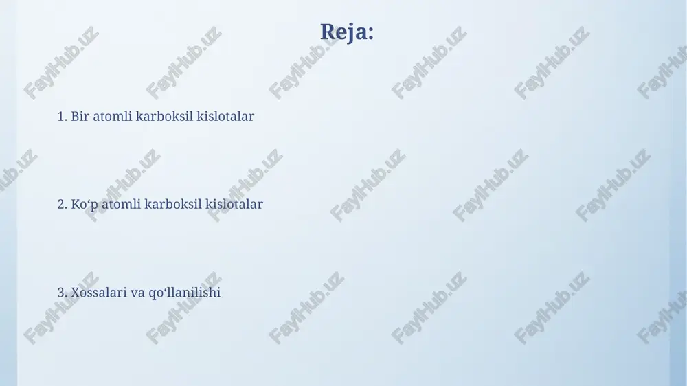ega. karboksil kislotalarining xossalari ularning molekulyar og'irligi ortishi bilan o'zgaradi: c1 dan c4 gacha o'tkir hidli suyuqliklar, c5 dan c9 gacha yomon hidli suyuqliklar, undan kattalari qattiq moddalardir. olinishi va ishlatilishi sirka kislotasi (ch3cooh) oziq-ovqat sanoatida keng qo'llaniladi, masalan, 5-8% sirka eritmasi ovqatni konservatsiya qilish va ziravorlash uchun ishlatiladi. polikarbon kislotalar, masalan, limon kislotasi (c6h8o7) mevali ichimliklar va konfetlarda ta'm beruvchi va stabilizator sifatida ishlatiladi, miqdori 0.3-2.0%ni tashkil qilishi mumkin. xulosa monatom karboksil kislotalar, masalan, sirka kislotasi (ch3cooh), sanoatda keng qo'llaniladi, lekin ularning reaktivligi poli atomli kislotalarga nisbatan kamroq bo'lishi mumkin. poliatom karboksil kislotalar, masalan, limon kislotasi (c6h8o7), molekulasida 2 dan ortiq karboksil guruhga ega bo'lib, bu ularning kimyoviy xususiyatlarini murakkablashtiradi. e'tiboringiz uchun rahmat image4.png image6.jpg image7.jpg image8.jpg image9.jpg image10.jpg image11.jpg image12.jpg image3.jpeg