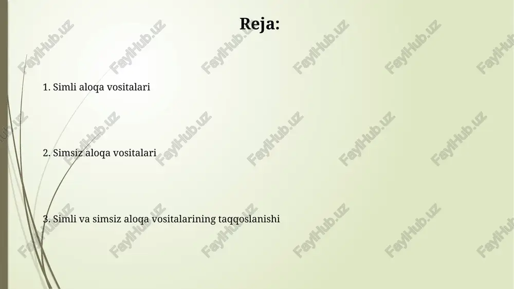 hz va 5 ghz chastotalarda ishlaydi, tezkor internet ulanishini ta'minlaydi va odatda routerlar orqali qamrov hududini yaratadi. bluetooth texnologiyasi 2.4 ghz chastotasida ishlaydi, qisqa masofaga mo'ljallangan (10 metrgacha) va kam quvvat sarflaydi, shu sababli eshitish vositalarida keng qo'llaniladi. afzalliklari va kamchiliklari: simli aloqa simli aloqaning afzalligi - yuqori o'tkazuvchanlik qobiliyati, mis kabel orqali gb/s tezlikda ma'lumotlar uzatish imkoniyati, bu esa katta fayllarni almashishda muhim. simli aloqaning kamchiligi - kabelga bog'liqlik, ya'ni qurilmalar fiziki jihatdan ulangan bo'lishi kerak, bu harakatchanlikni cheklaydi va 100 metrdan uzoq masofaga uzatish qiyin. afzalliklari va kamchiliklari: simsiz aloqa simsiz aloqaning afzalligi - bu 100 metrgacha bo'lgan diapazonda harakatlanish erkinligi, kabelga bog'liq emaslik, lekin radio to'lqinlar shovqin tufayli ulanish tezligini pasaytirishi mumkin. simsiz texnologiyalar (wi-fi, bluetooth) qurilmalarni osongina ulash va tarmoqni kengaytirish imkonini beradi, lekin wpa3 kabi xavfsizlik protokollariga qaramay, xavfsizlik zaifligi mavjud. xavfsizlik masalalari: simli aloqa simli aloqada elektromagnit nurlanishning yo'qligi radio chastotali shovqinni kamaytiradi, lekin …