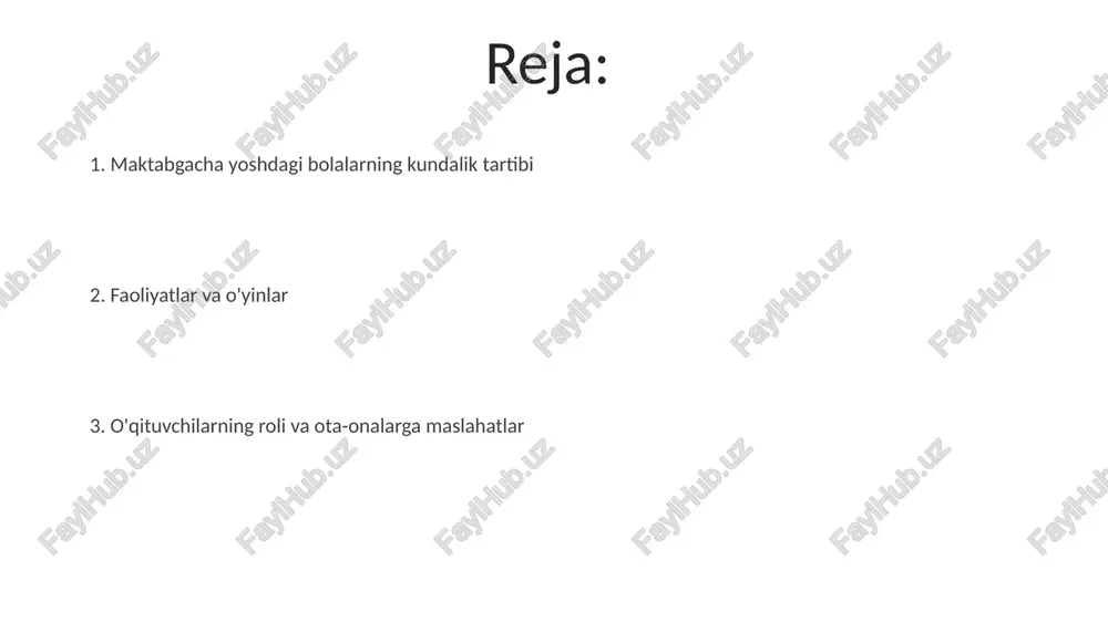 lim faoliyatlari" 2 yoshdan 7 yoshgacha bo'lgan bolalar uchun turli xil o'yinlar, tadqiqotlar va ijodiy mashg'ulotlarni o'z ichiga oladi. ochiq havoda o'yin vaqti ochiq havoda o'yin vaqti bolalarga d vitaminini olishga yordam beradi, bu suyaklarning sog'lom rivojlanishi uchun zarur, ayniqsa, 3 yoshdan 5 yoshgacha bo'lgan bolalarda muhimdir. faol o'yinlar, masalan, yugurish va sakrash, 4 yoshli bolaning qo'pollik qobiliyatlarini rivojlantiradi, muvozanat va koordinatsiyani yaxshilaydi, kamida 30 daqiqa davomida o'tkazilishi kerak. tushlik tushlikda sutli mahsulotlar (ayron yoki yogurt) va mevalar bo'lishi mumkin, misol uchun 1 dona olma yoki nok, bu bolaning kunlik vitaminlar iste'molining 20 foizini ta'minlaydi. tushlik odatda soat 15:00 dan 16:00 gacha boʻlib, bolalarga asosiy ovqatdan keyin beriladigan kichik bir taomdir, unda odatda 150-200 kaloriya mavjud. tinch soat "tinch soat" odatda tushlikdan keyin soat 13:00 dan 15:00 gacha davom etadi, bu vaqt davomida bolalar dam olishlari yoki uxlashlari kerak. bu kunning o'rtasidagi muhim 120 daqiqalik tiklanish vaqtidir. "tinch soat" davomida …